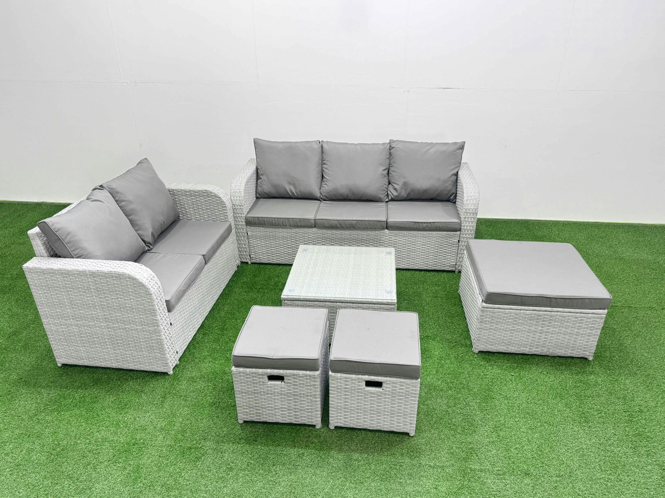 Rackhams Light/Grey/Dark 8 Seater Pe Rattan Wicker Garden Furniture Patio Conservatory Sofa Set With Square Coffee Table 3 Seater Sofa Love Sofa 3 Stool