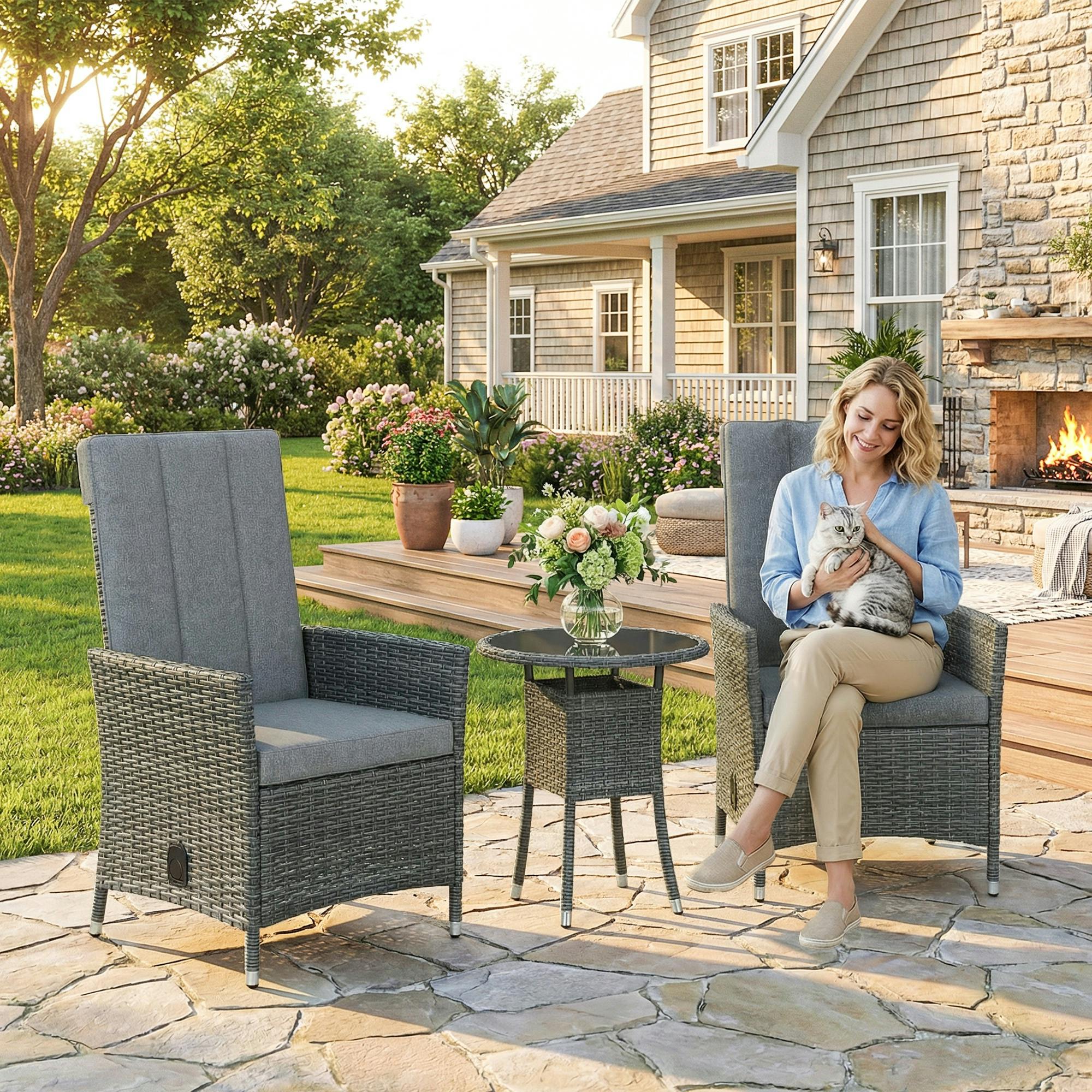 Rackhams Grey Rattan Bistro Set, Reclining Garden Chairs And Table
