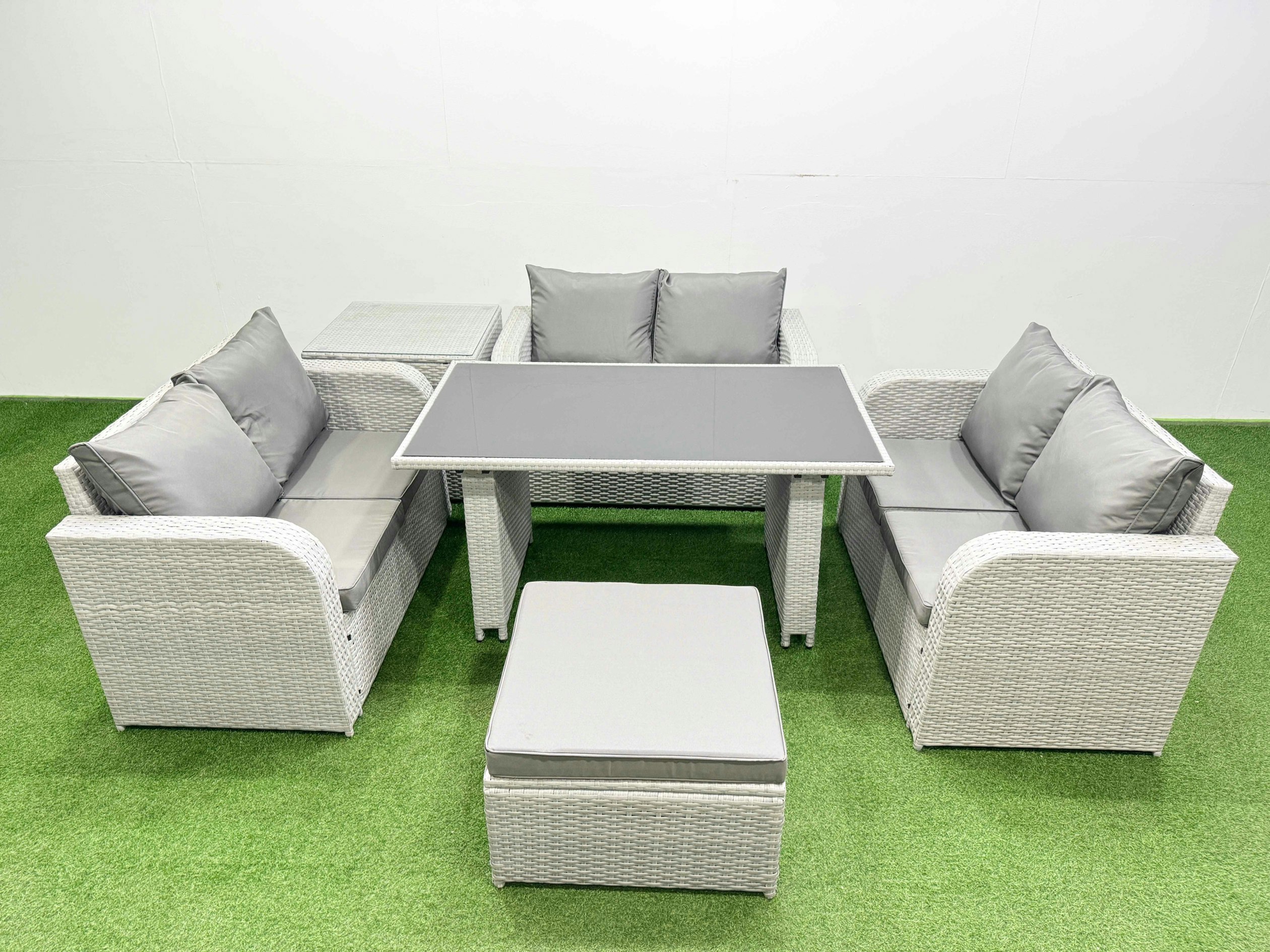 Rackhams Black/Light/Grey 7 Seater Patio Garden Furniture Sets With Glass Top Dining Table Love Sofa Side Table Big Stool