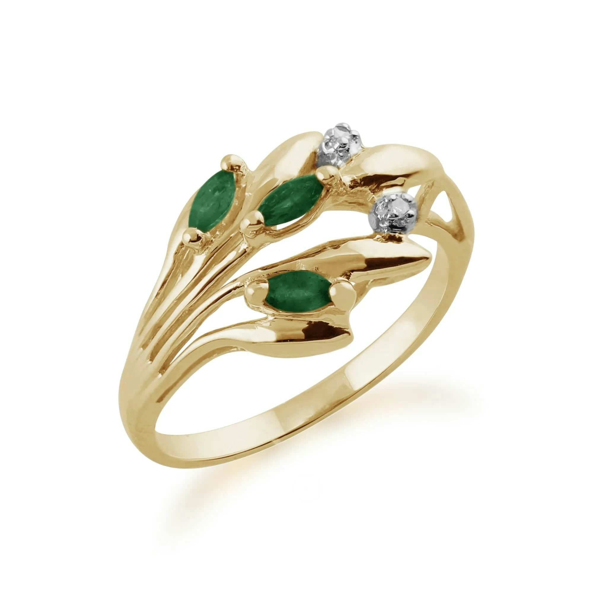 Gemondo Yellow/Gold Floral Marquise Emerald & Diamond Ring In 9Ct - O