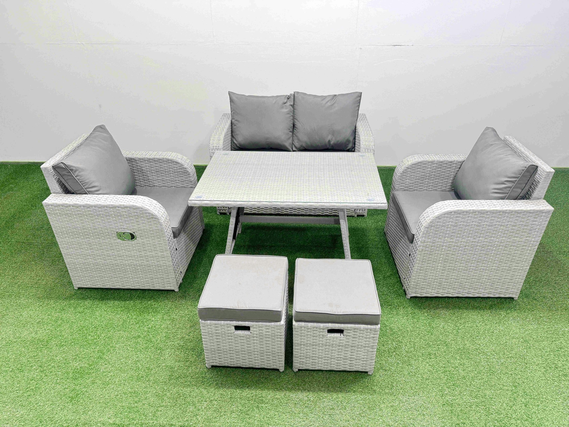 Rackhams Light/Grey Pe Wicker Rattan Garden Furniture Set Sofa Set Reclining Chair Love Sofa Rectangular Dining Table 2 Small Stools