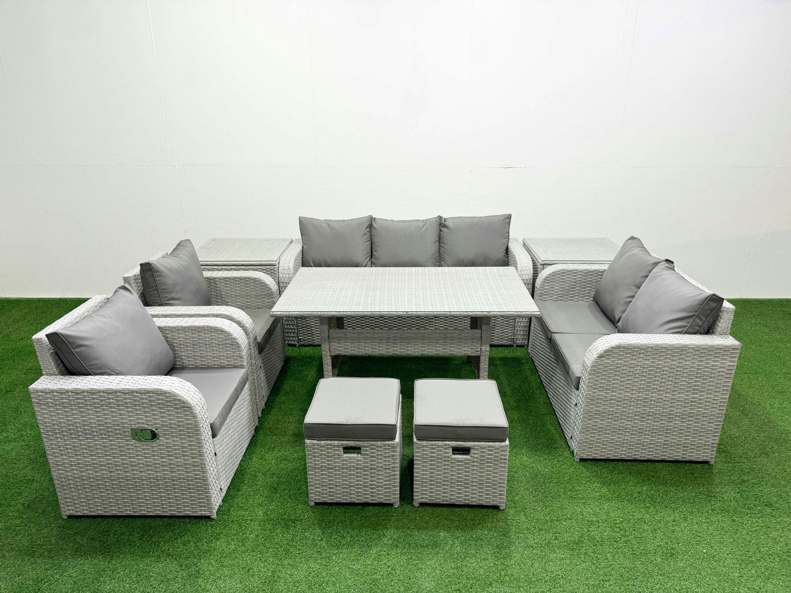 Fimous Light/Grey Pe Rattan Outdoor Lounge Set - Reclining Chair, Double Loveseat, Rectangular Dining Table, 2 Stools & 2 Side Tables