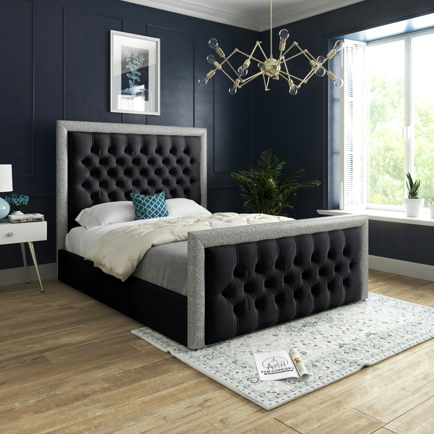 Rackhams Black Venice Glitter Border Upholstered Soft Velvet Bed Frame - Single