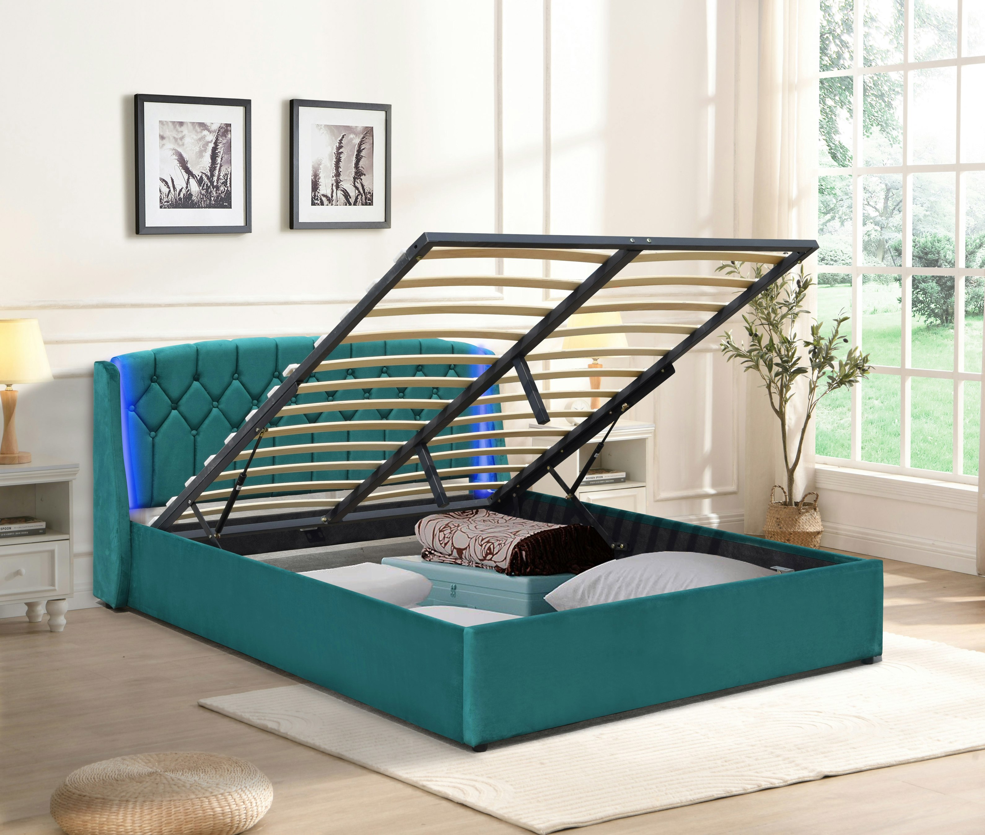 Comfy Living Grey/Green Fabric Gas Lift Bedframe Led Headboard 3Ft 4Ft6 5Ft Bedroom Furniture - Double