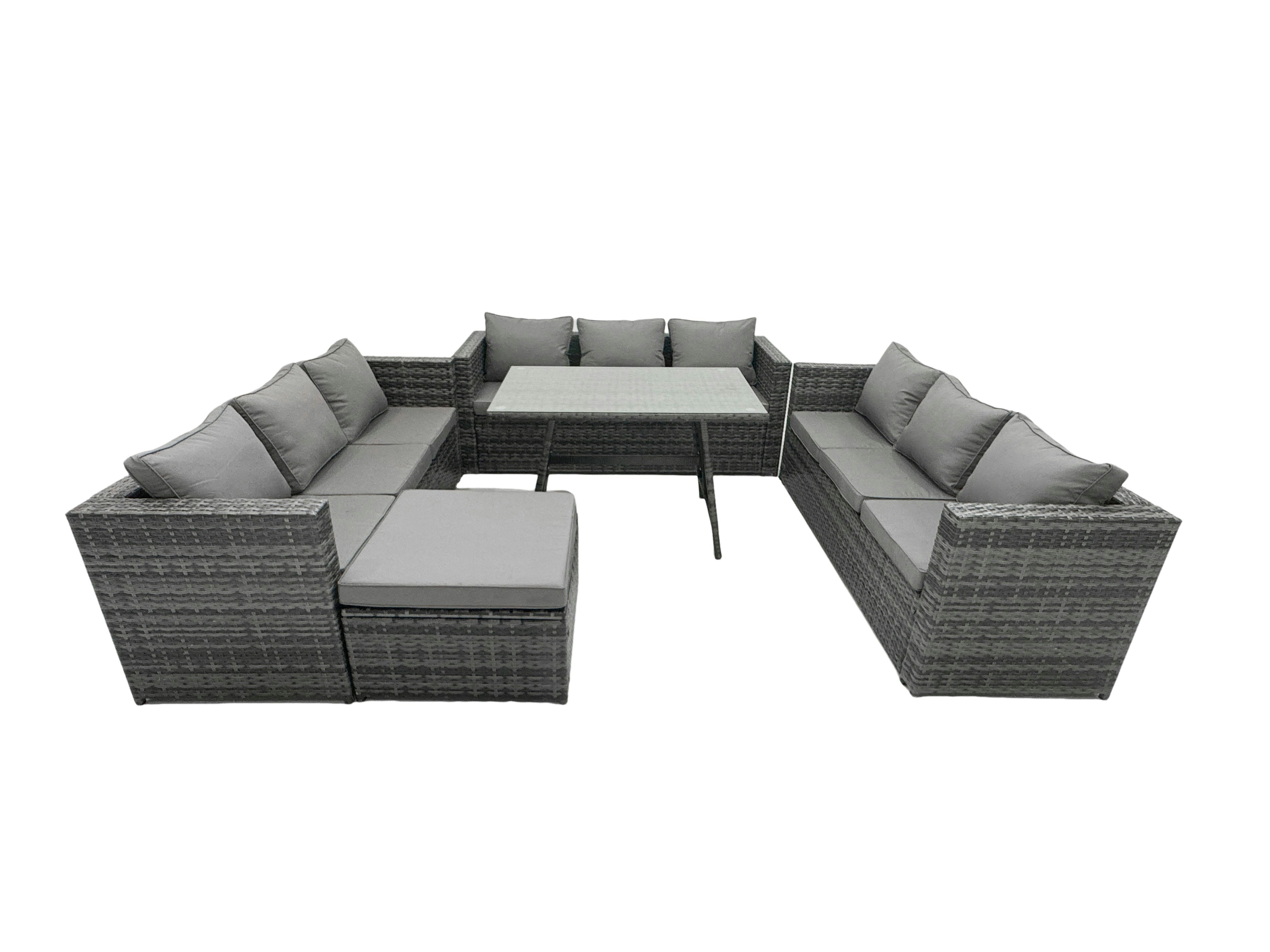 Rackhams Outdoor Rattan Garden Furniture Lounge Sofa Set With Oblong Dining Table With Clear Tempered Glass And Big Footstool