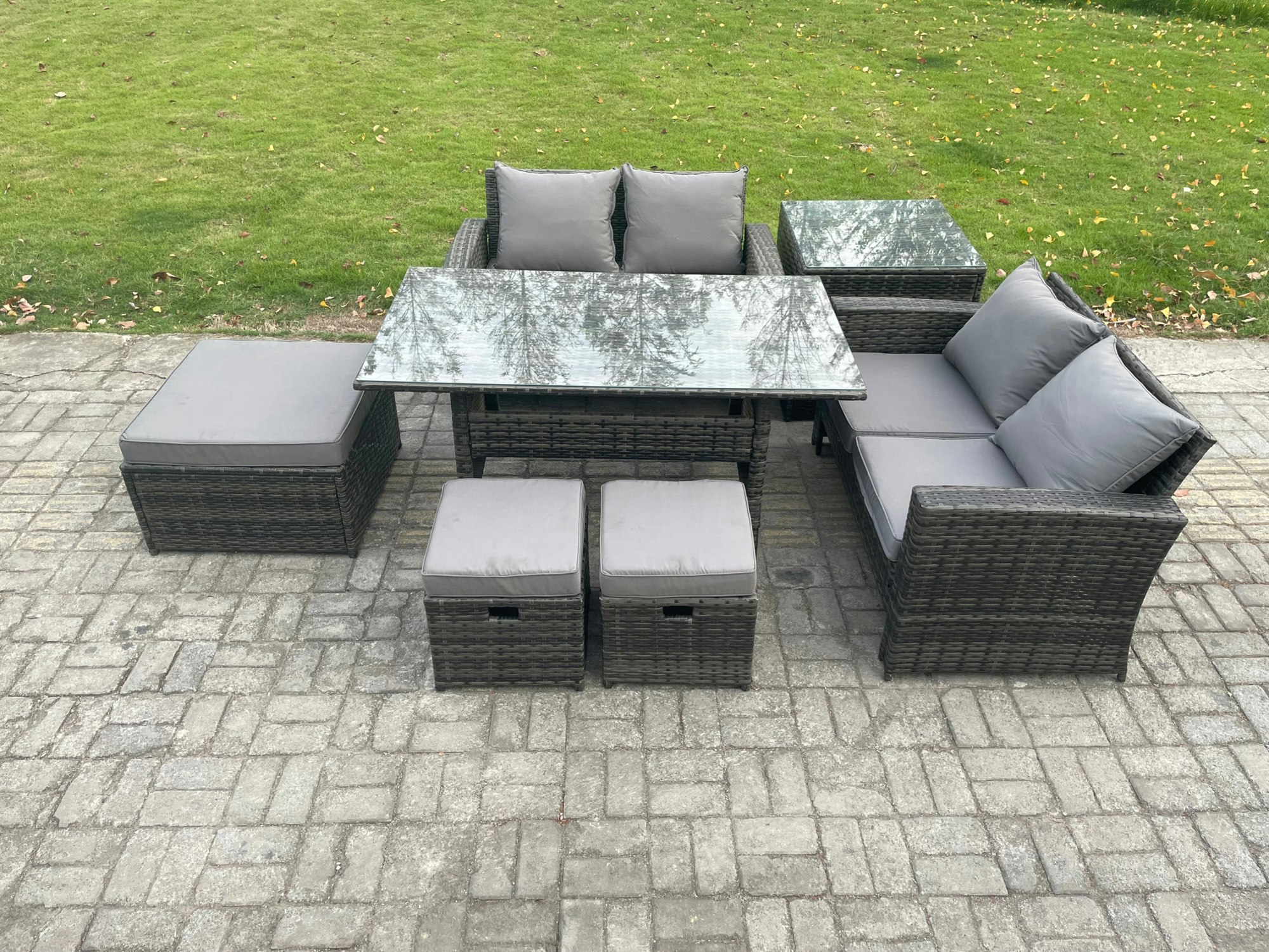 Fimous Dark/Grey 7 Seater High Back Outdoor Garden Furniture Rattan Sofa Dining Table Set With 3 Footstools Side Table Mixed