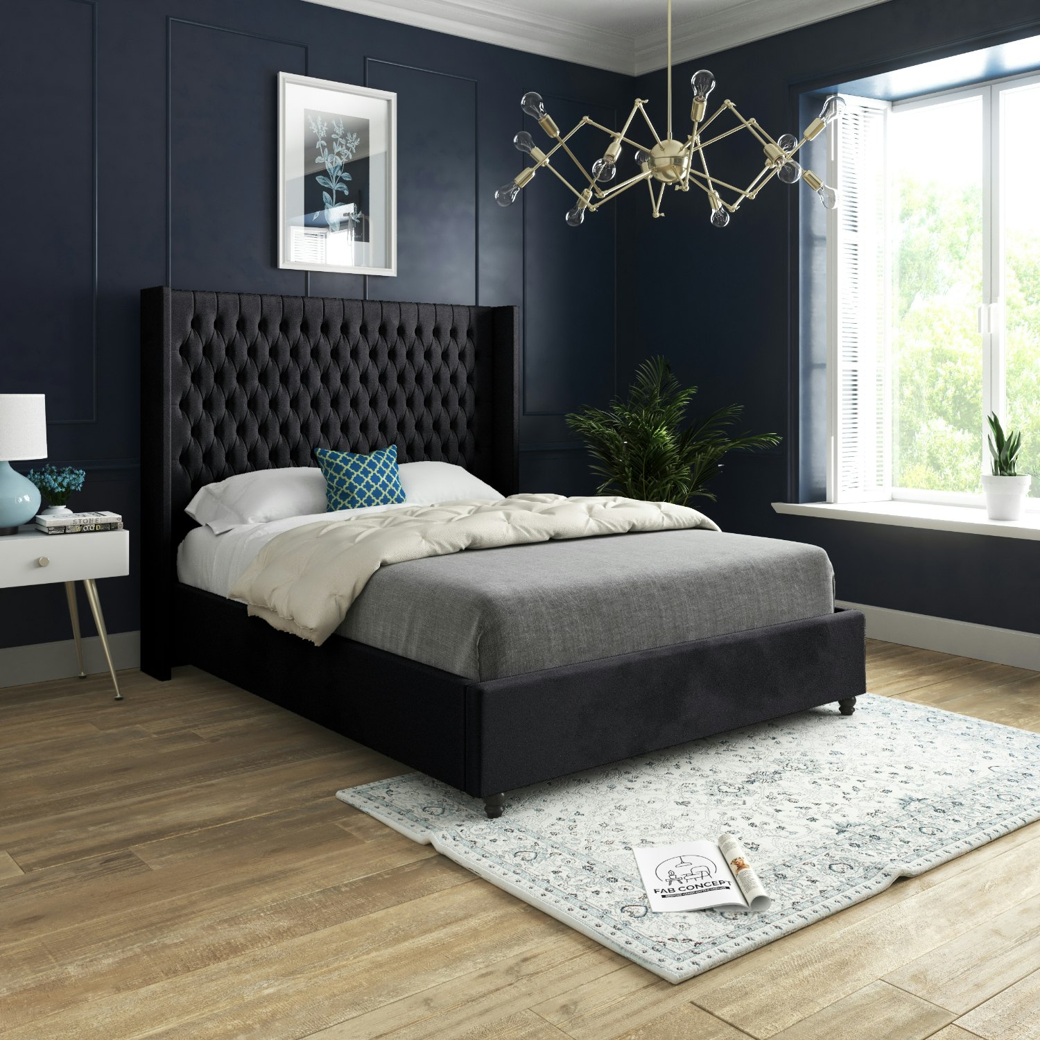 Casa Magna Black Volta Straight Winged Upholstered Soft Velvet Bed Frame - King