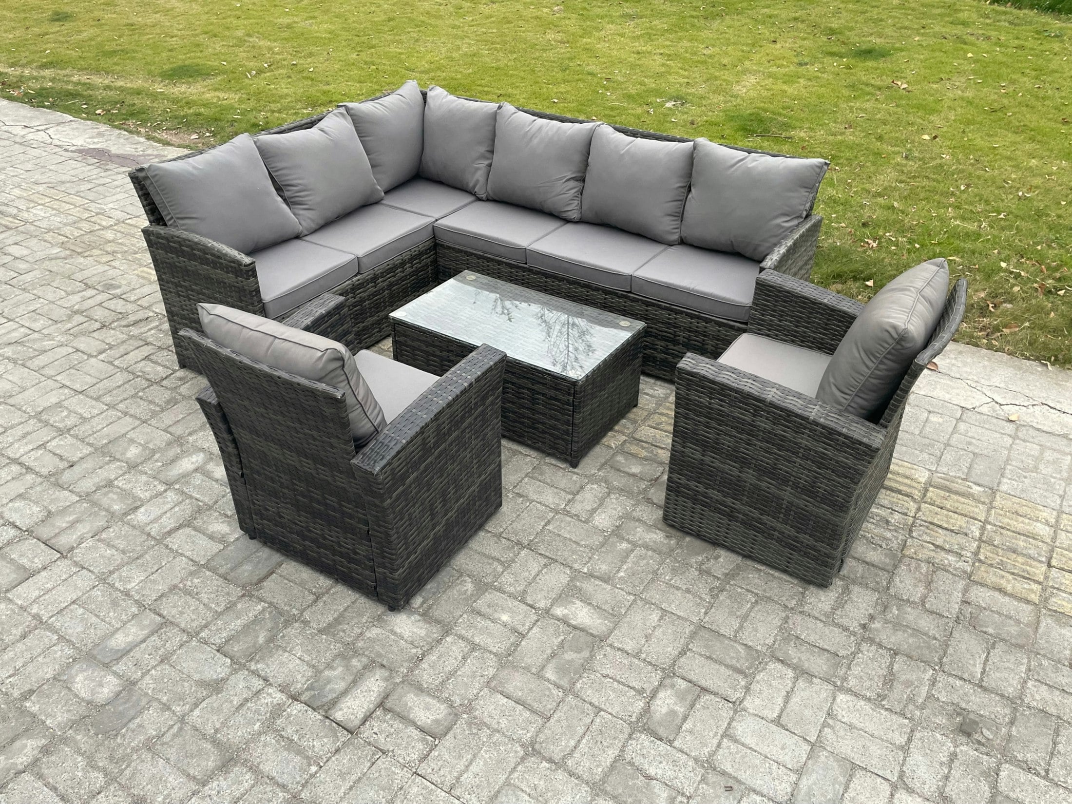 Rackhams Dark/Grey Rattan Lounge Corner Sofa Set Wicker Pe Outdoor Garden Furniture Set With Rectangular Coffee Table 2 Armchairs Mixed