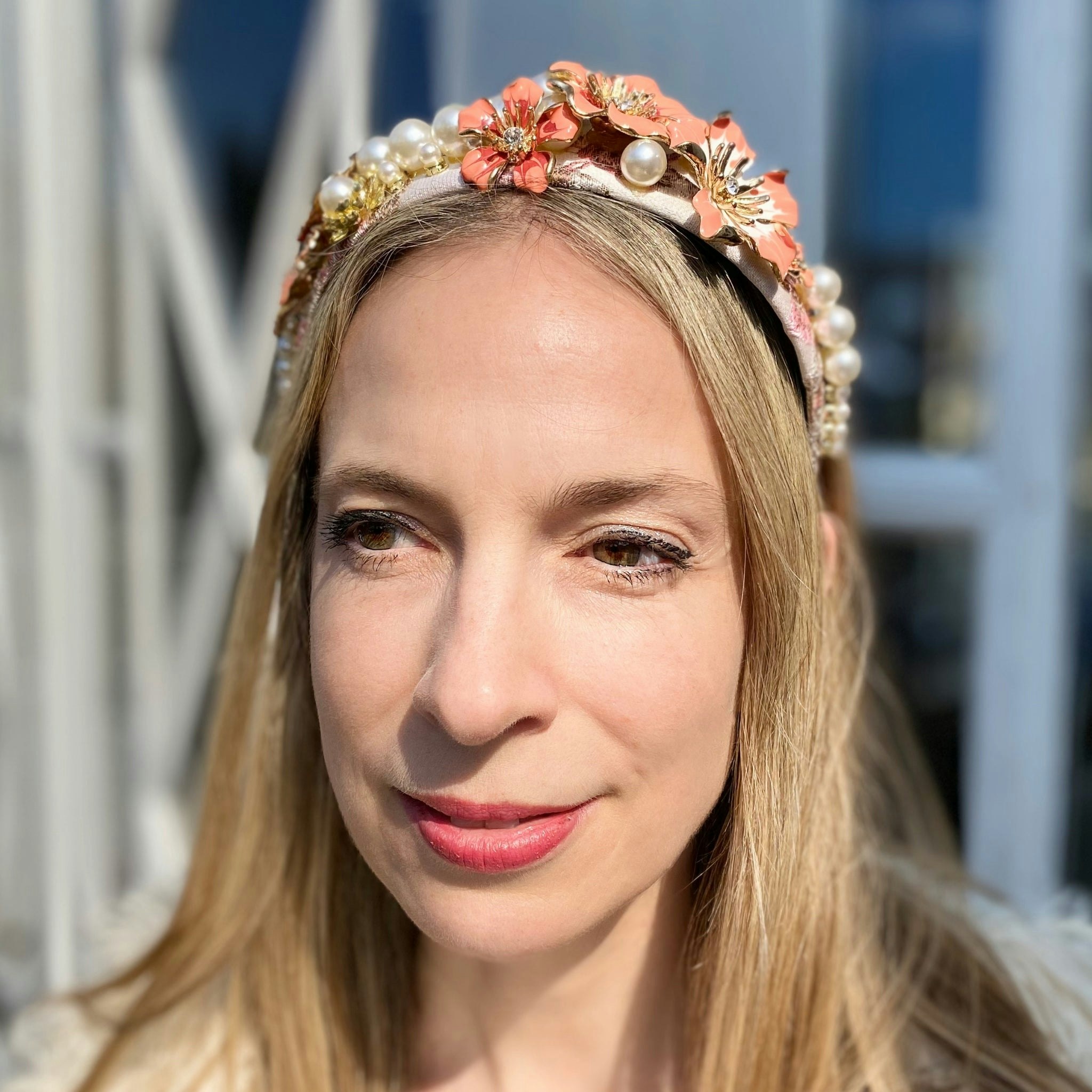 Queenmee Accessories Coral Flower Headband With Pearls Floral Headpiece Hair Band