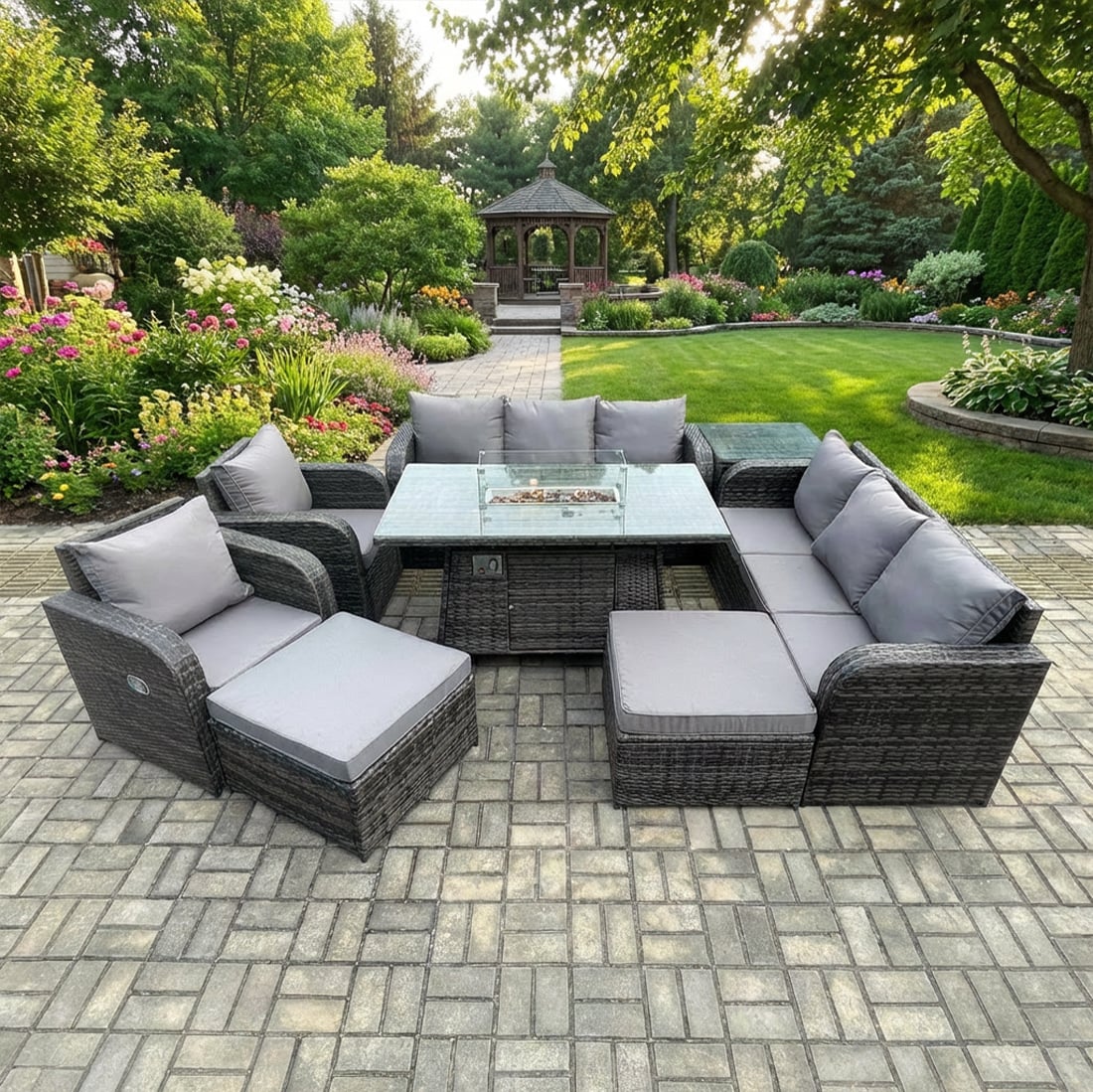 Fimous Dark/Grey 10 Seater Rattan Outdoor Garden Furniture Set With Gas Fire Pit Dining Table, 2 Reclining Chairs, 2 X 3-Seater Sofas, 2 Footstools