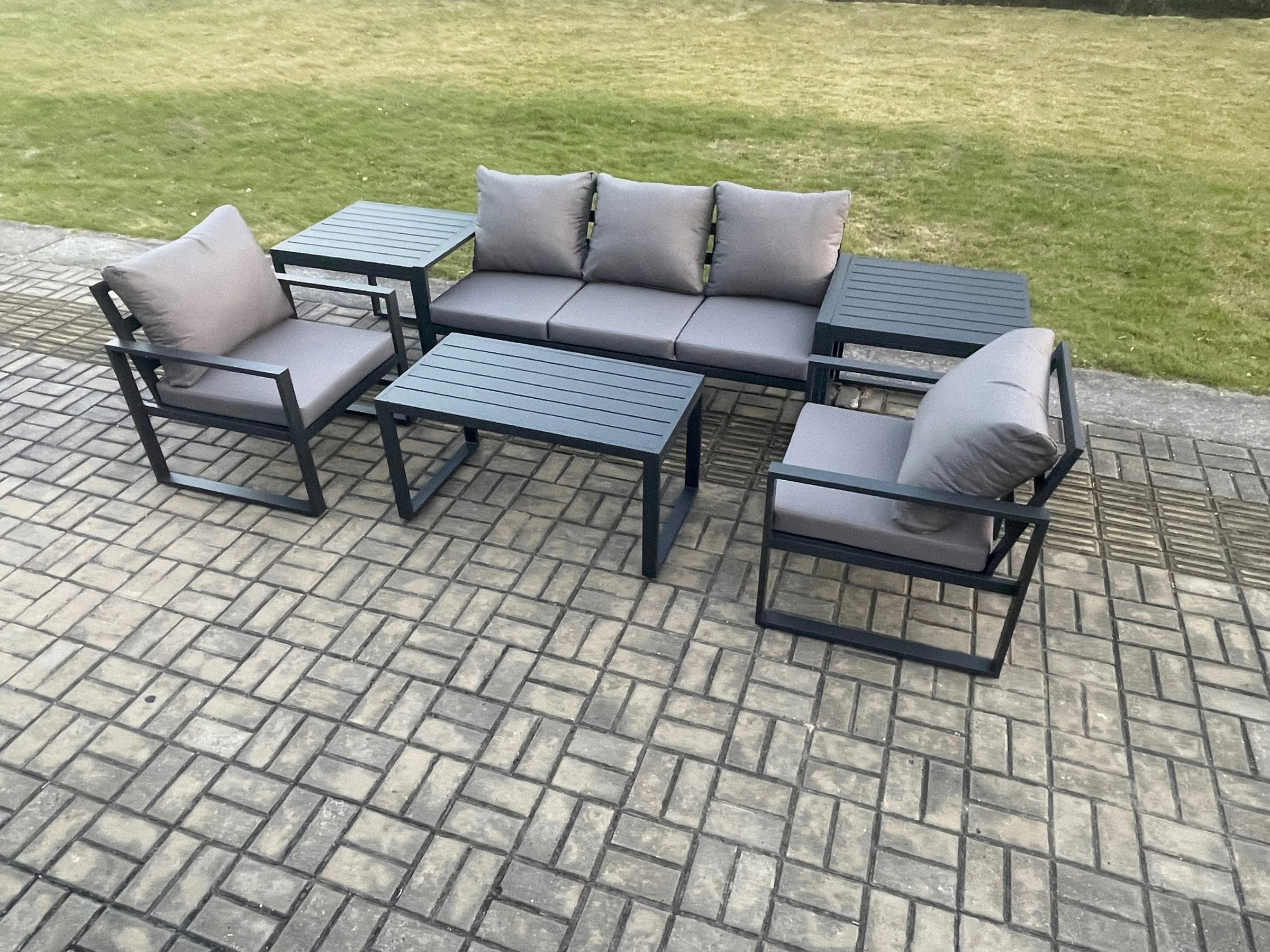Fimous Dark/Grey Aluminium Garden Furniture Set Patio Lounge Sofa With Oblong Coffee Table 2 Armchairs 2 Side Table