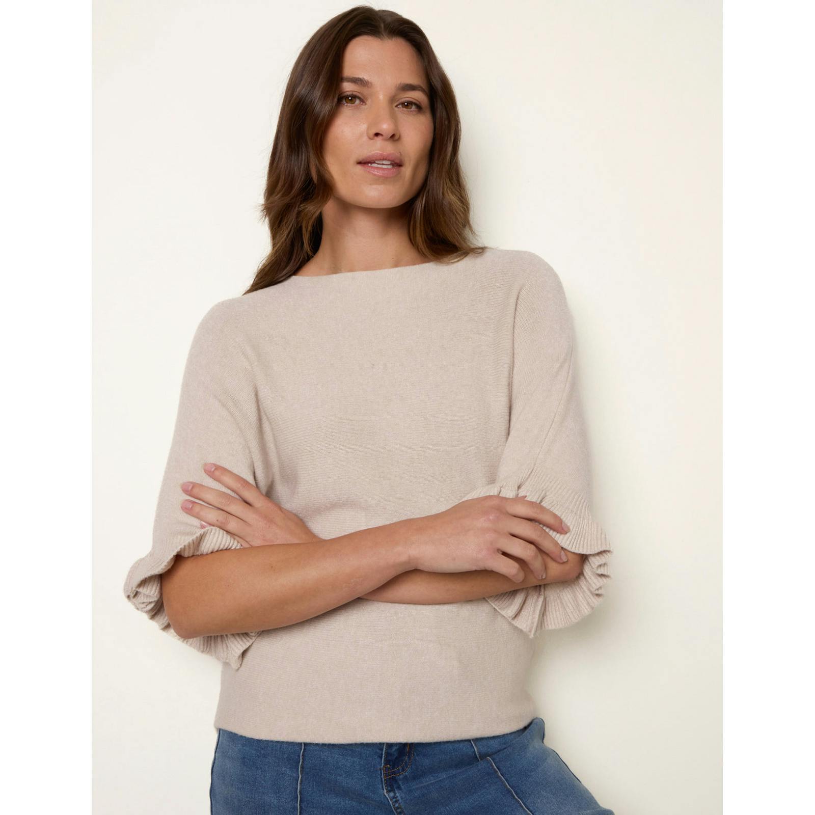 Blue Vanilla Blue/Beige Vanilla Knitted Frill Sleeve Batwing Jumper - One Size