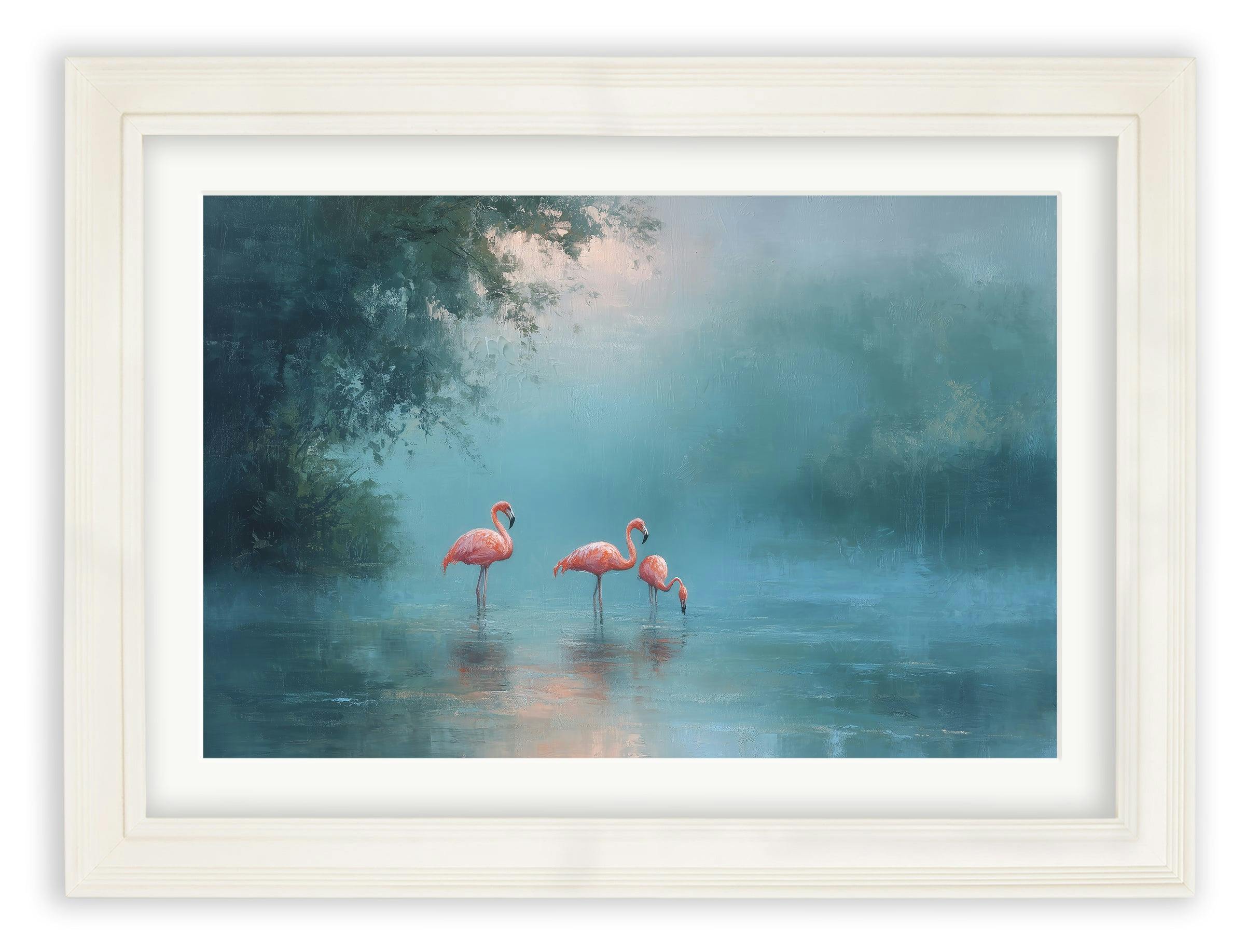 Rackhams Cream Misty Lake Flamingos - Hurstwood Frame - Misty Lake Flamingos - 38 X 50Cm (A3)