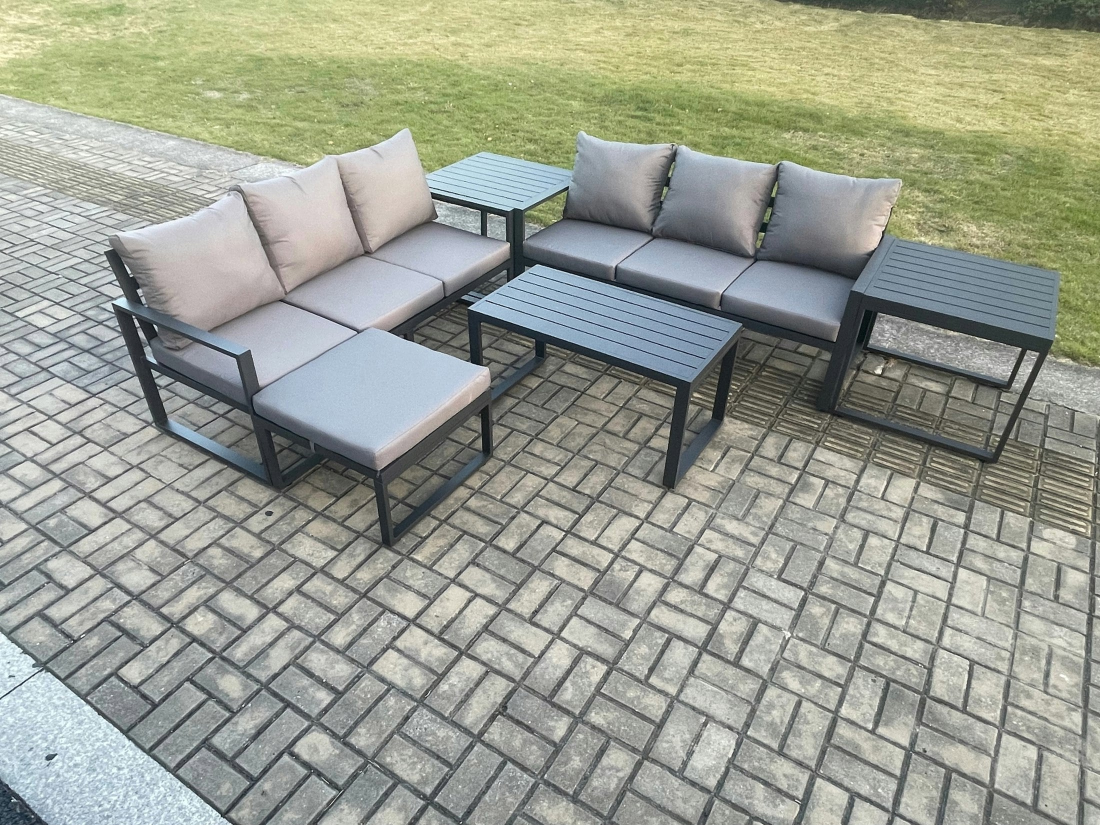 Fimous Dark/Grey Aluminium 6 Pieces Outdoor Garden Furniture Lounge Sofa Set With Oblong Coffee Table Big Footstool 2 Side Tables