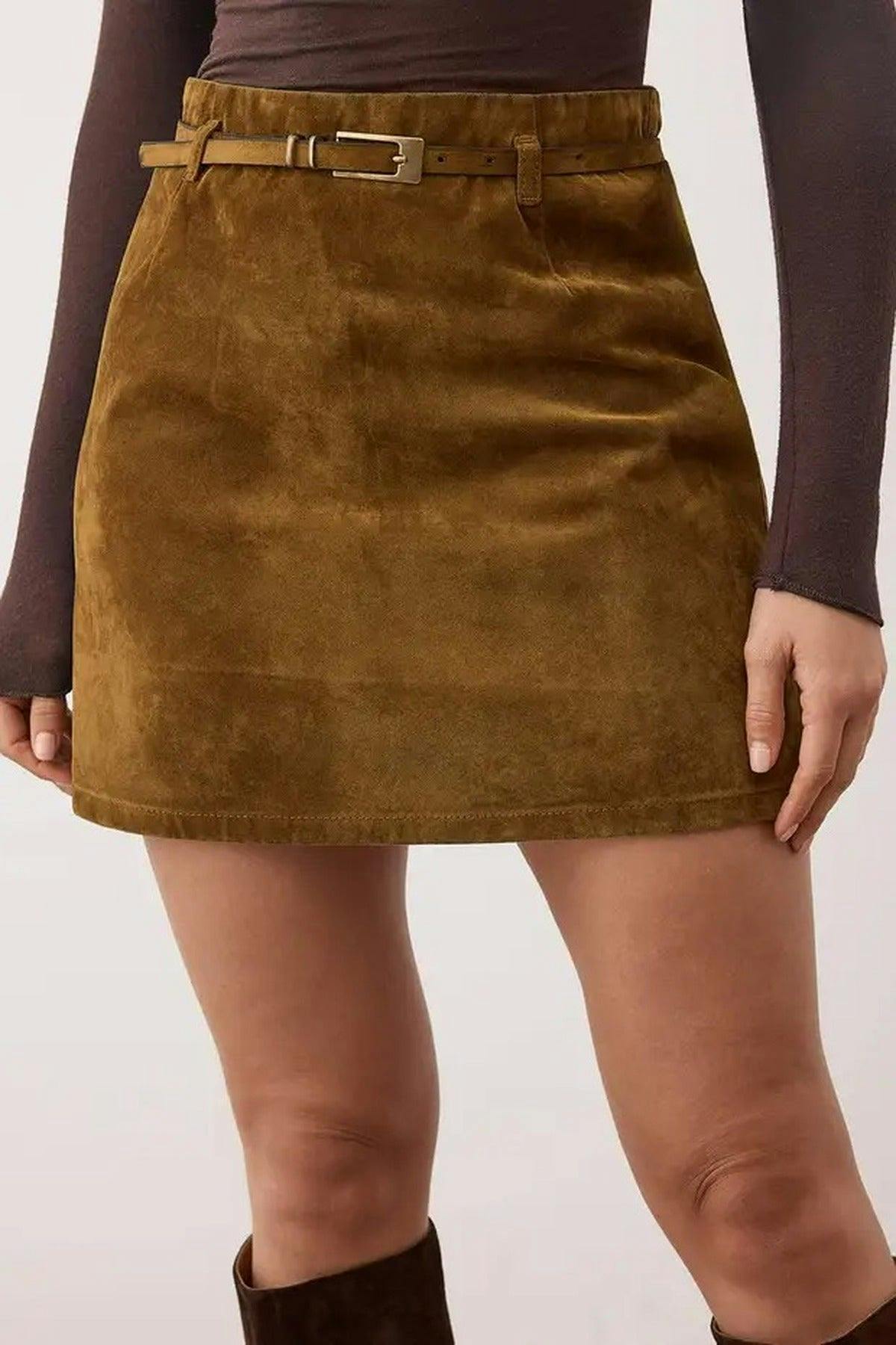 Wovcor Suede Look Mini Denim Skirt With Belt Detail - Camel - 10