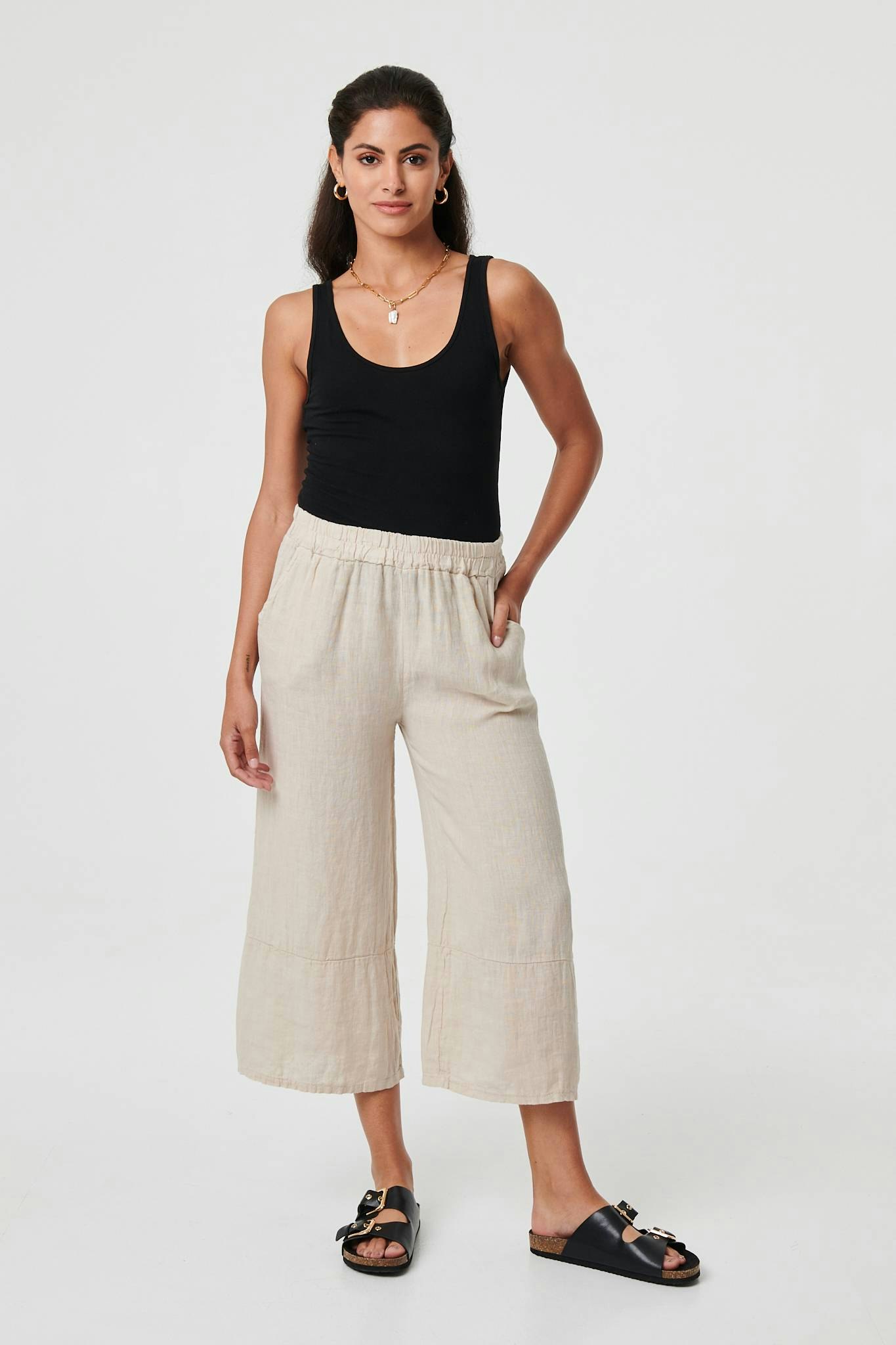 Izabel London Beige High Waist Stretchy Crop Trousers - 14