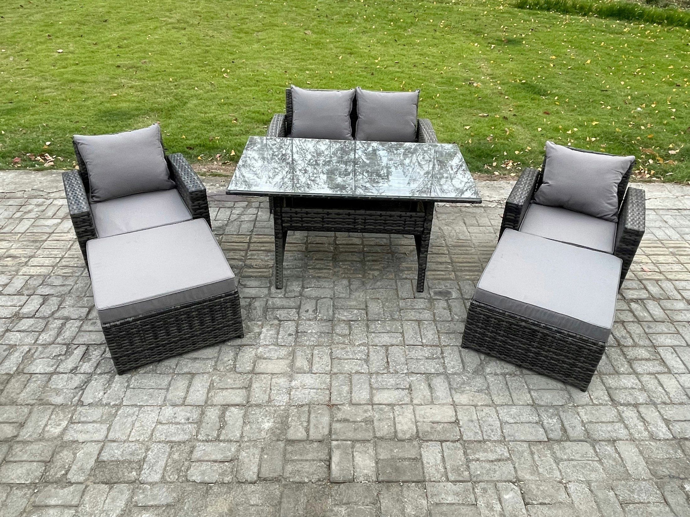 Fimous Dark/Grey 6 Seater High Back Outdoor Garden Furniture Rattan Sofa Dining Table Set With Armchair 2 Big Footstool Mixed