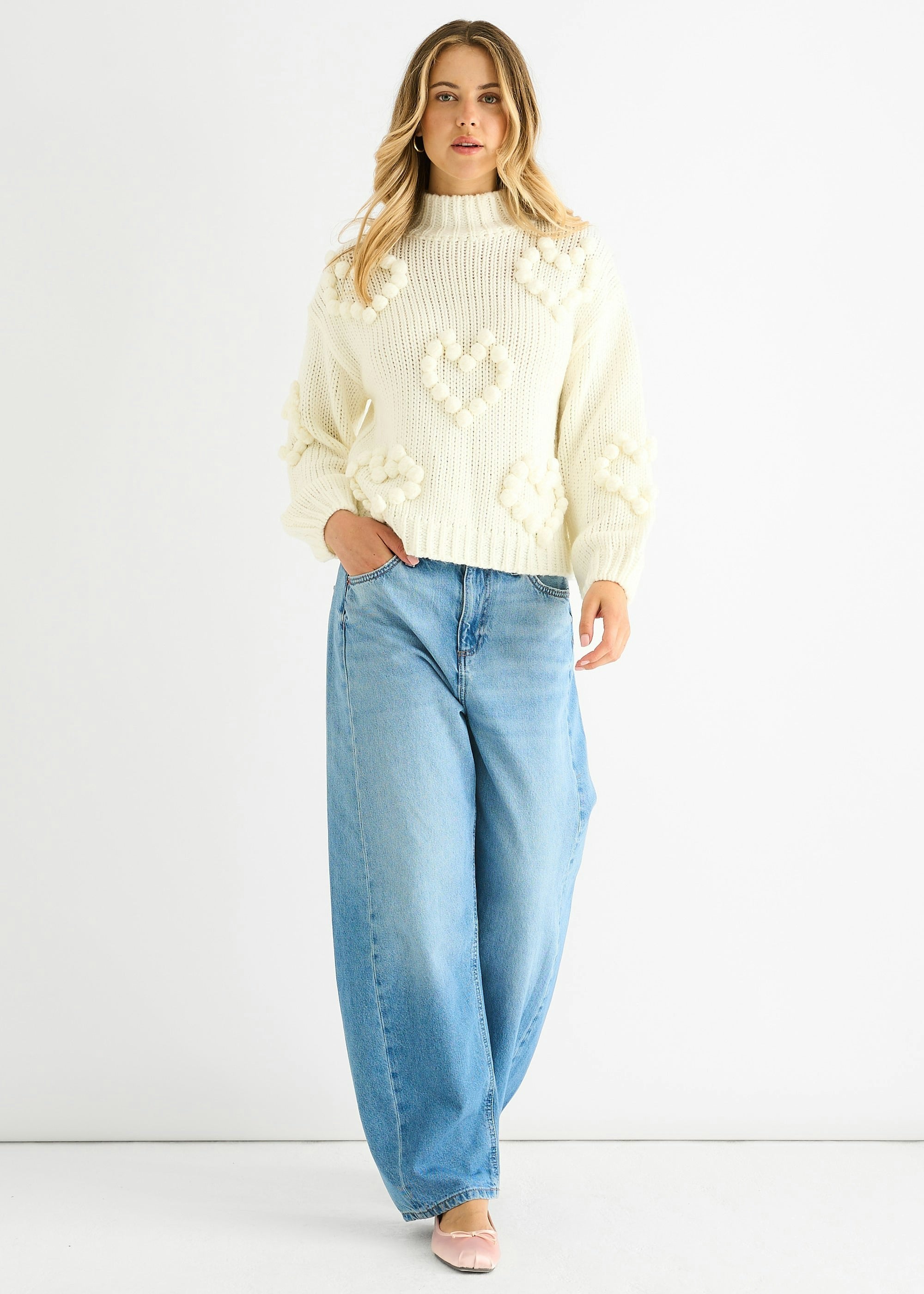 Gini London Cream Heart Bubble Chunky Knit High Neck Jumper - S-M (Uk 8-10/Us 4-6/Eu 36-38)
