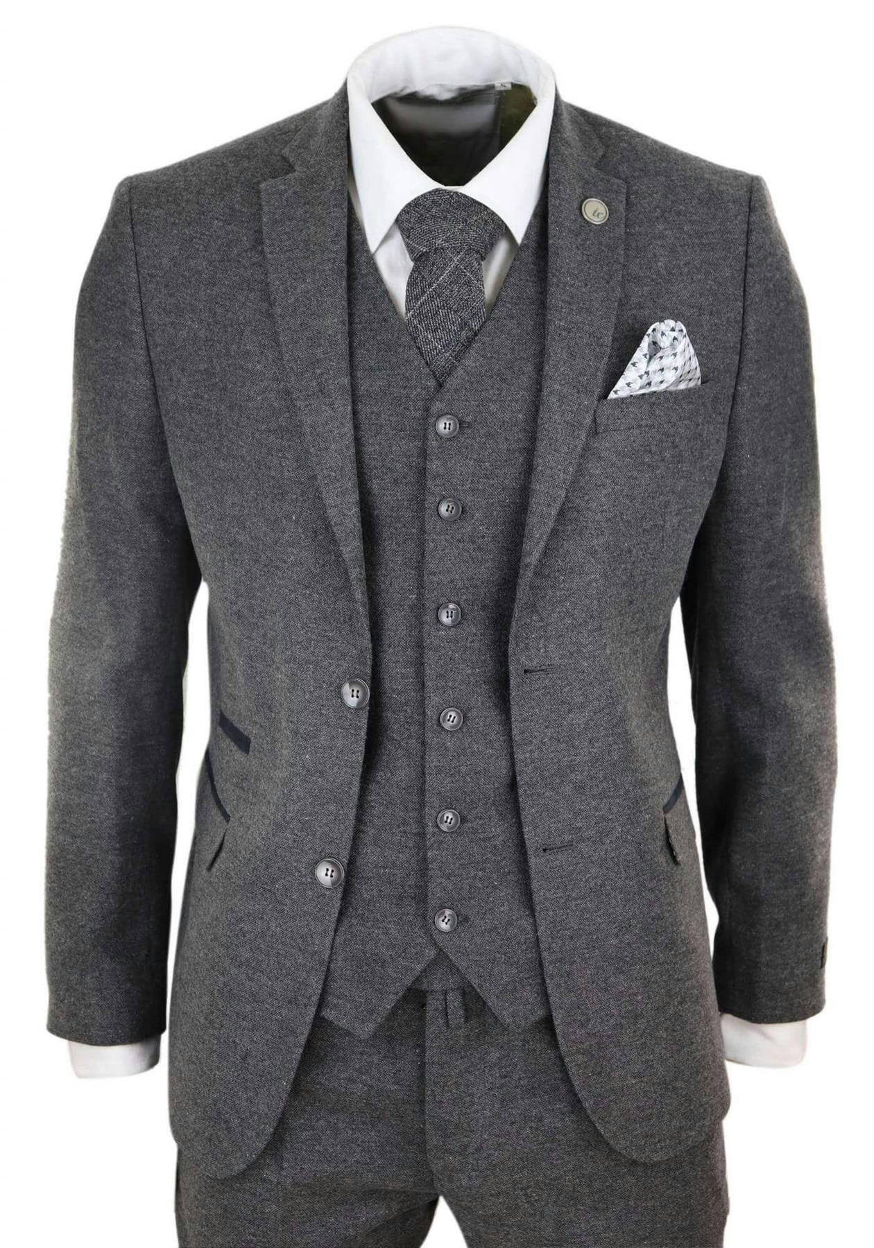 Truclothing Men's Grey 3 Piece Wool Tweed Vintage Retro Suit - 52" Jacket 46" Trousers