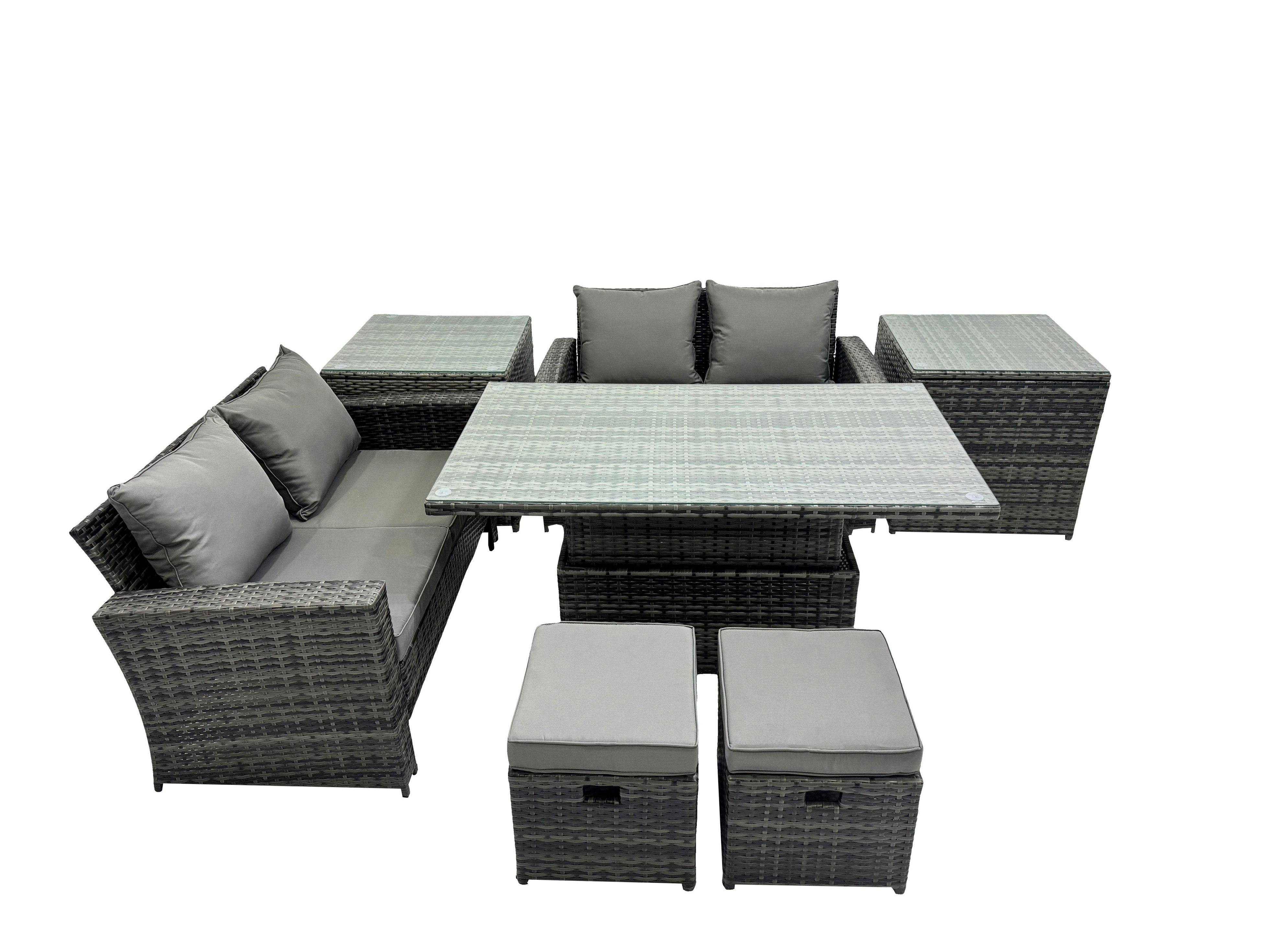 Rackhams Dark/Grey Outdoor Love Sofa Set 6 Seat Rattan Garden Furniture Set With Adjustable Lifting Dining Or Coffee Table Mixed