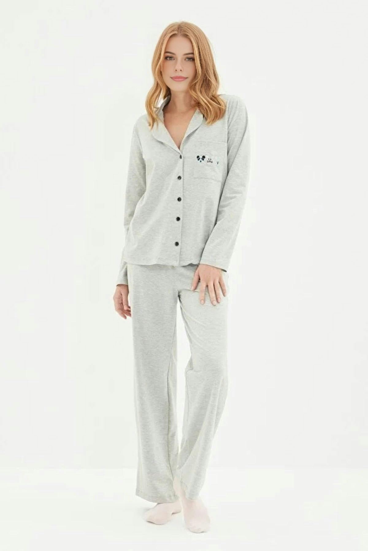 Wovcor Grey 2-Piece Knit Pajama Set With Piping And Pocket Detail - Xs