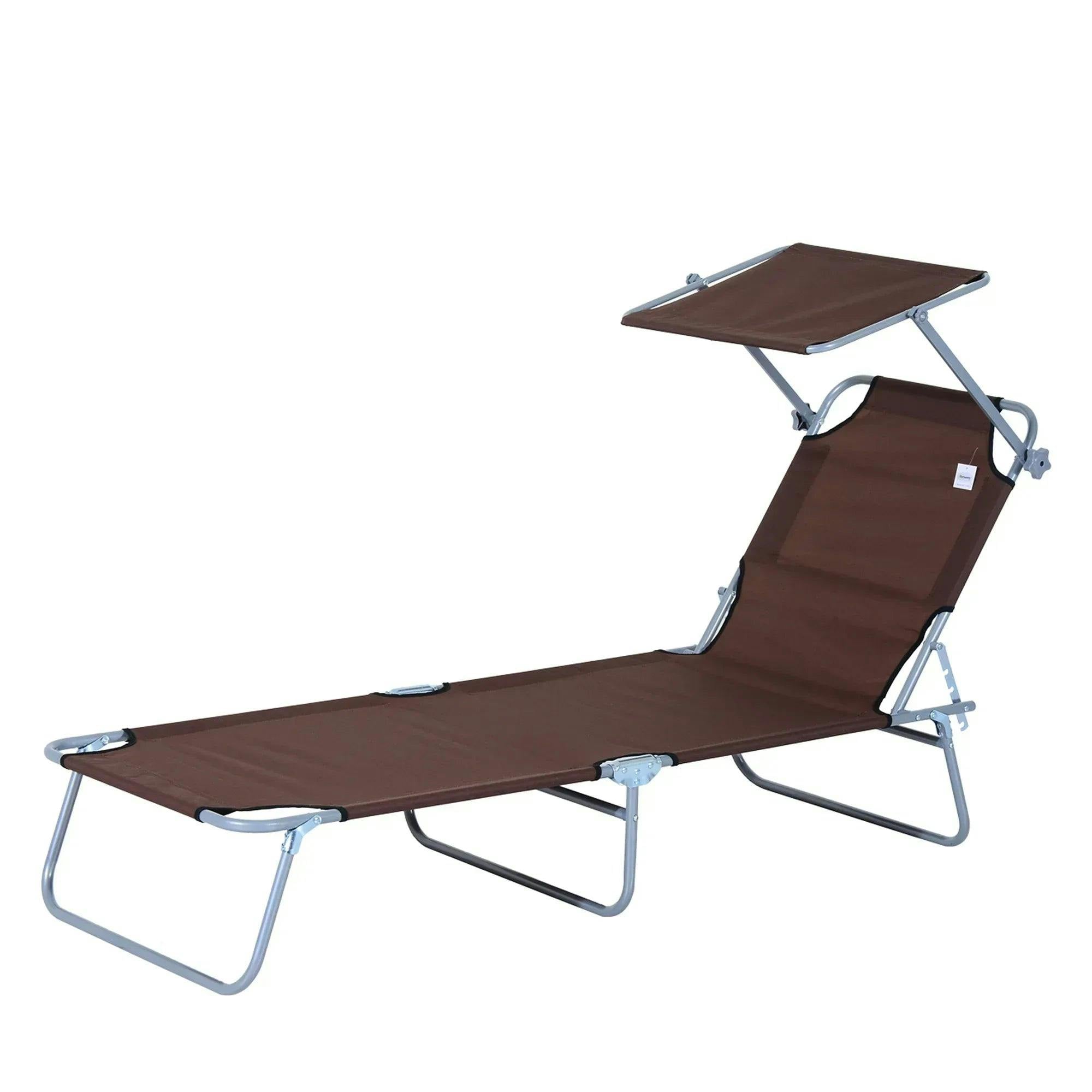 Rackhams Brown Outdoor Foldable Sun Lounger, 4 Level Adjustable Backrest Reclining Sun Lounger Chair With Angle Adjust Sun Shade Awning,
