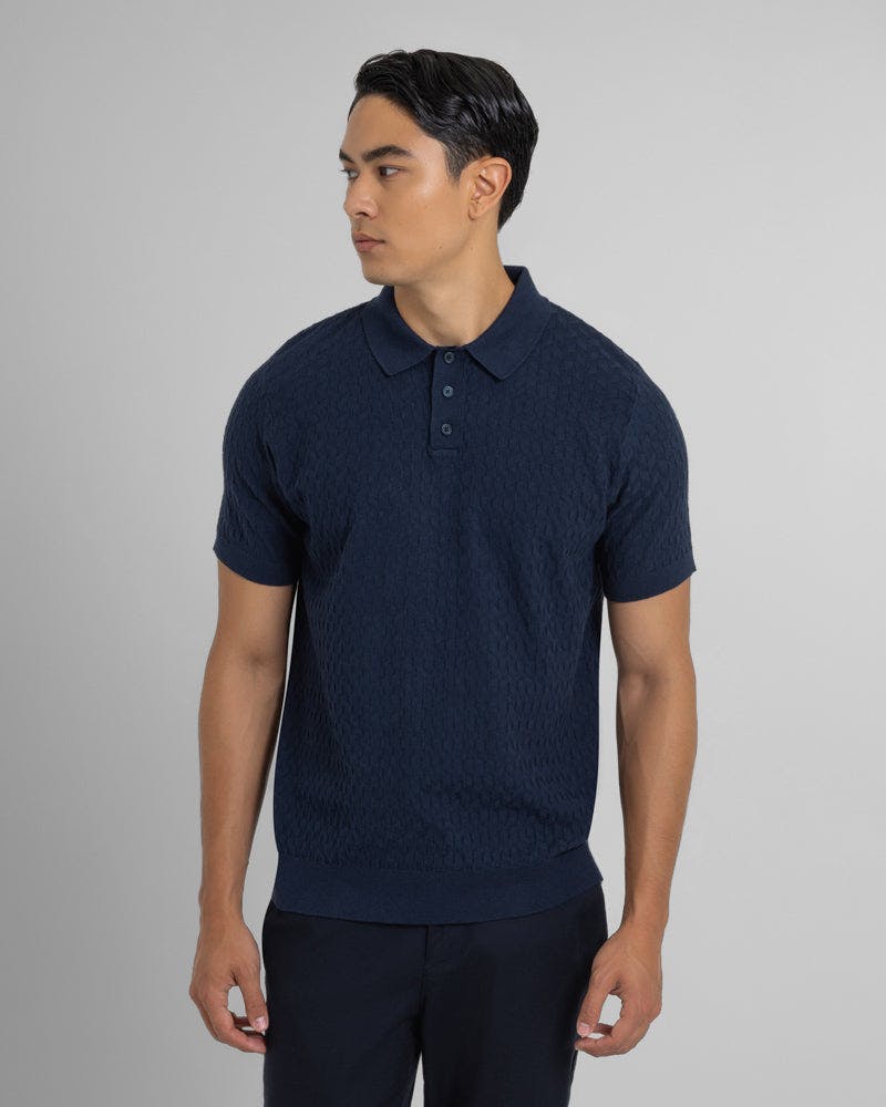 Steel & Jelly Cream Burton - Geo Texture Knitted Polo Shirt - Navy - M