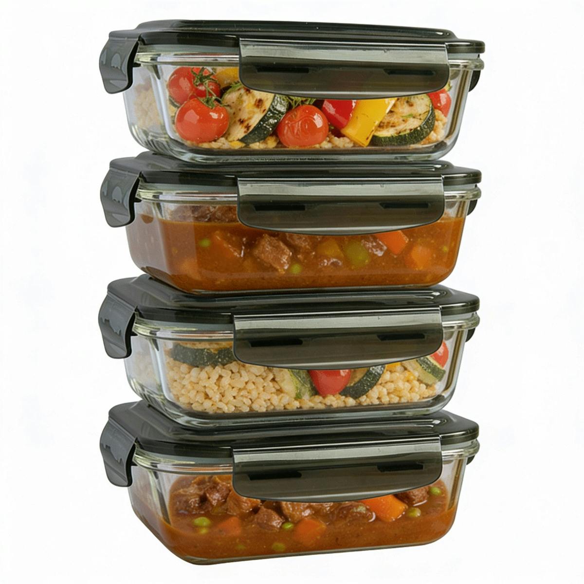 Mantraraj Black 380Ml Meal Prep Glass Containers With Lids Airtight Microwave & Dishwasher Safe Takeaway Containers - Glass, Plastic - Pack Of 4 - Clear