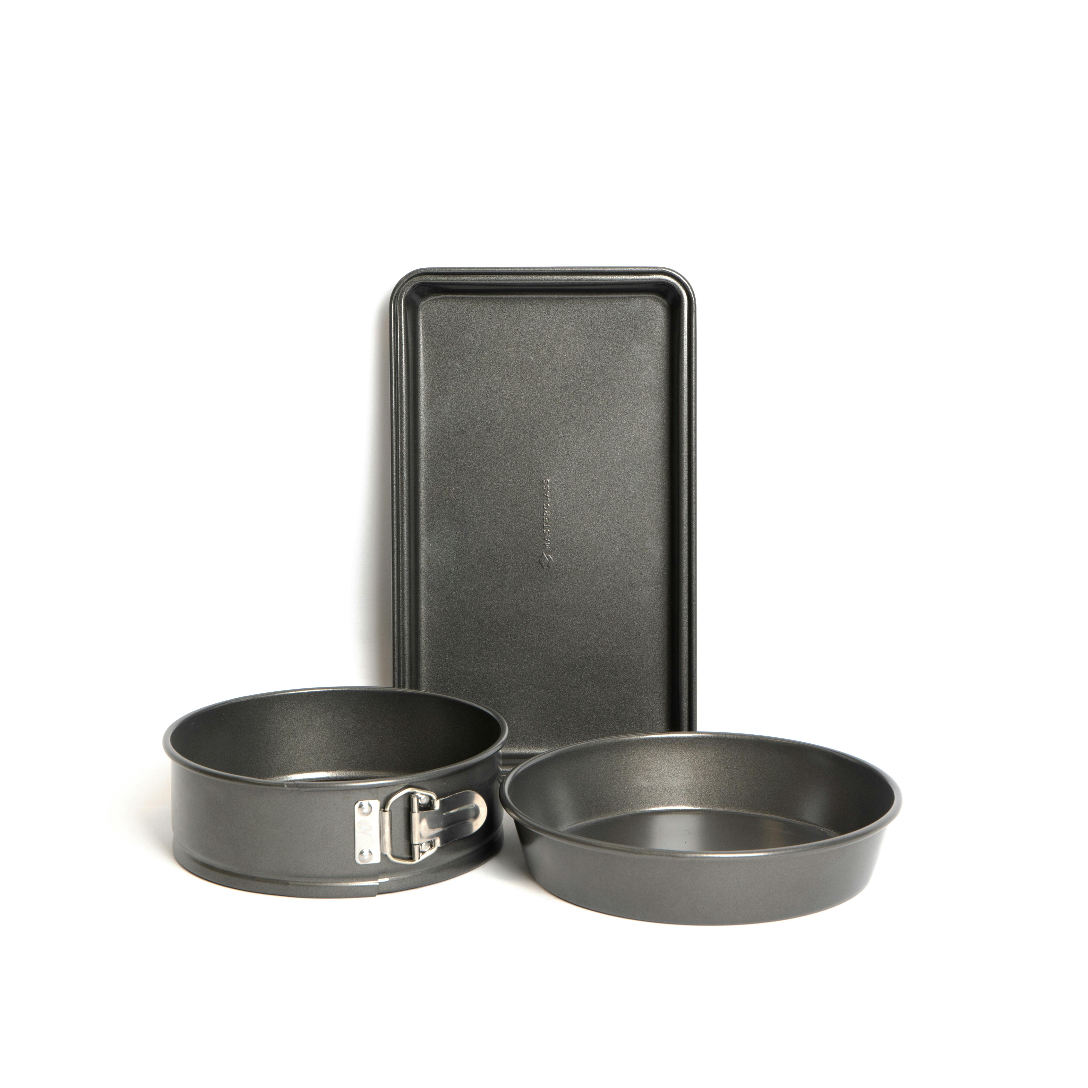 Rackhams Grey 3Pc Non-Stick Baking Set With 20Cm Spring Form Round Pan, 34X20x4cm Brownie Pan And 23Cm Deep Pie Pan - Carbon Steel - Cake Tins