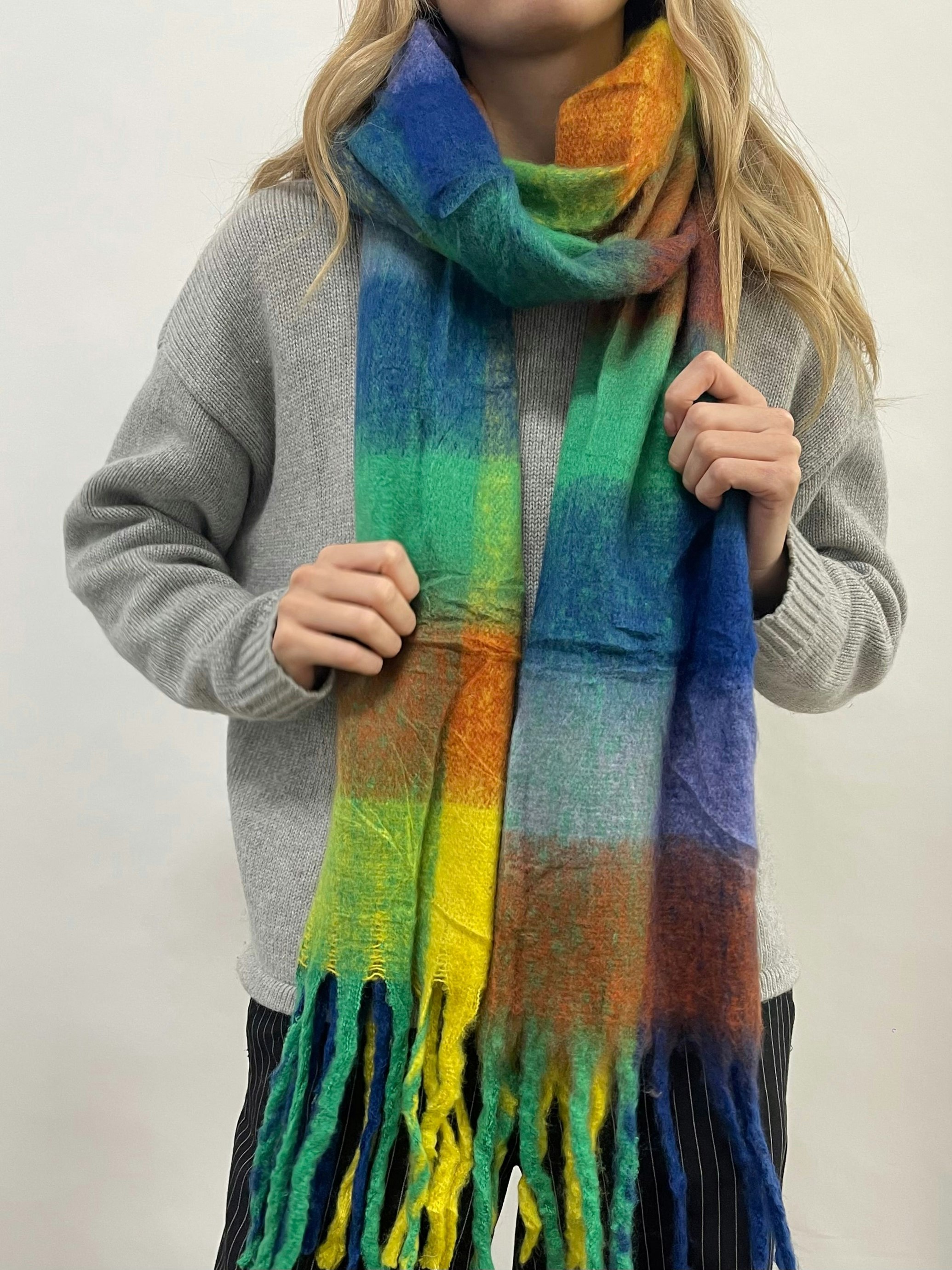 Svnx Blue Soft Chunky Checked Scarf With Tassels In Multi - Multi - One Size