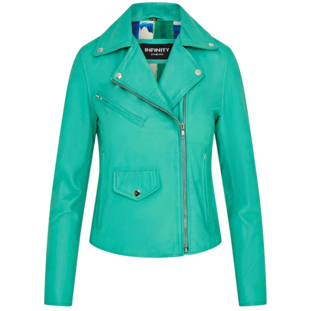 Infinity Leather Women's Leather Company Real Leather Brando Style Biker Jacket - Aqua - Uk 14