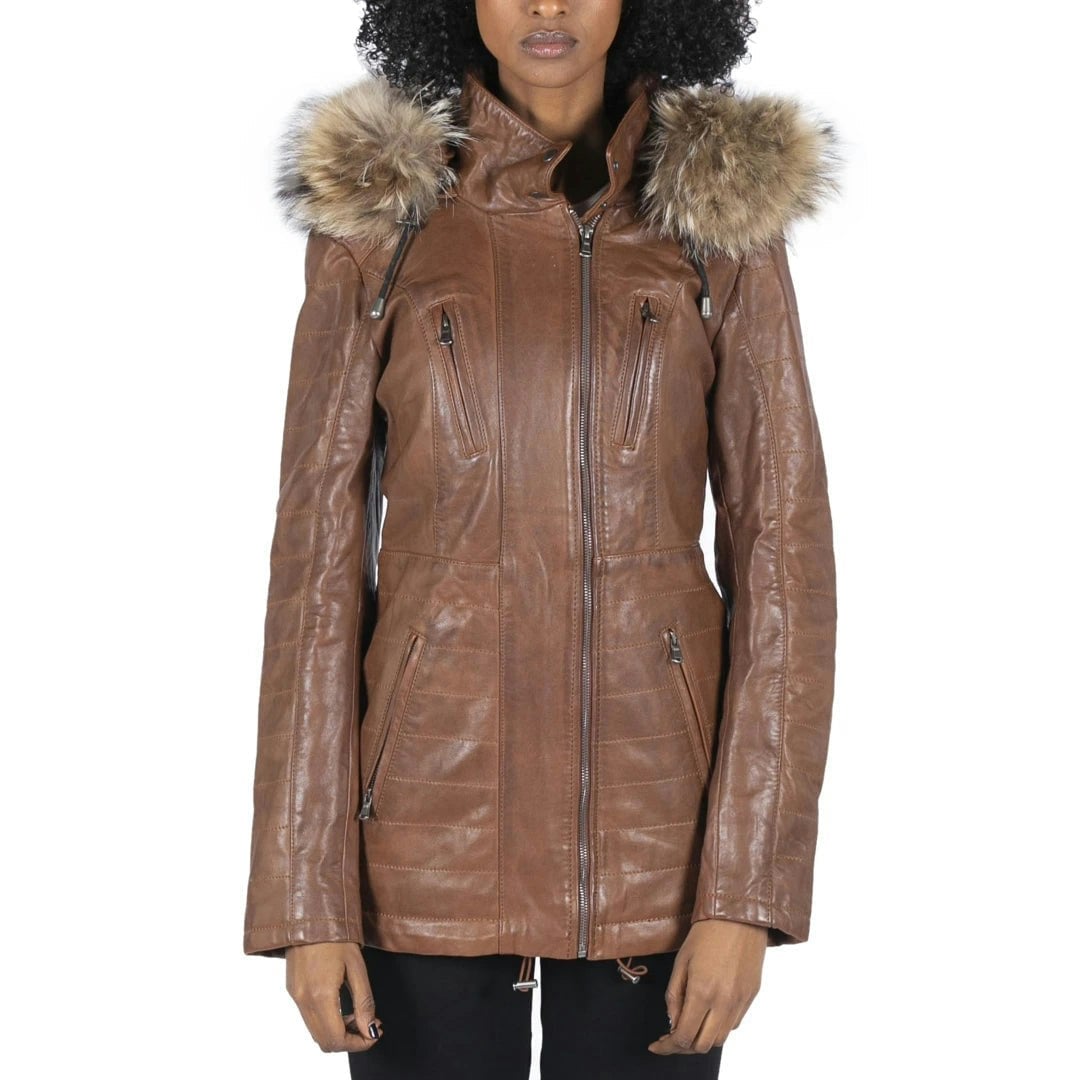 Infinity Leather Women's Brown/Grey Leather Parka Jacket 3/4 Fur Hood Zipped Tan - Timber - Uk 22