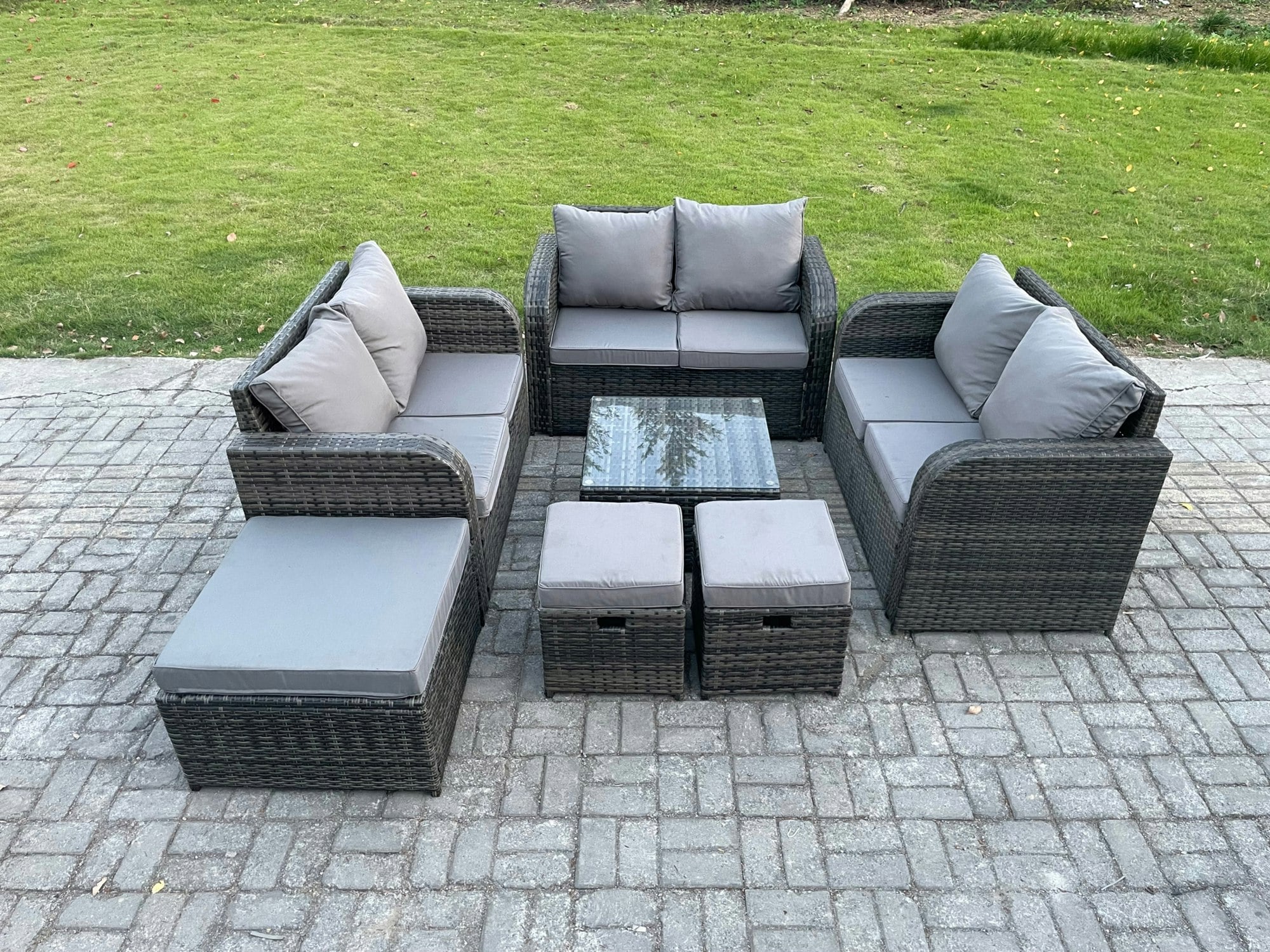 Fimous Dark/Grey 9 Seater Outdoor Garden Furniture Sets Wicker Rattan Furniture Sofa Sets With Square Coffee Table Love Seat Sofa 3 Footstools