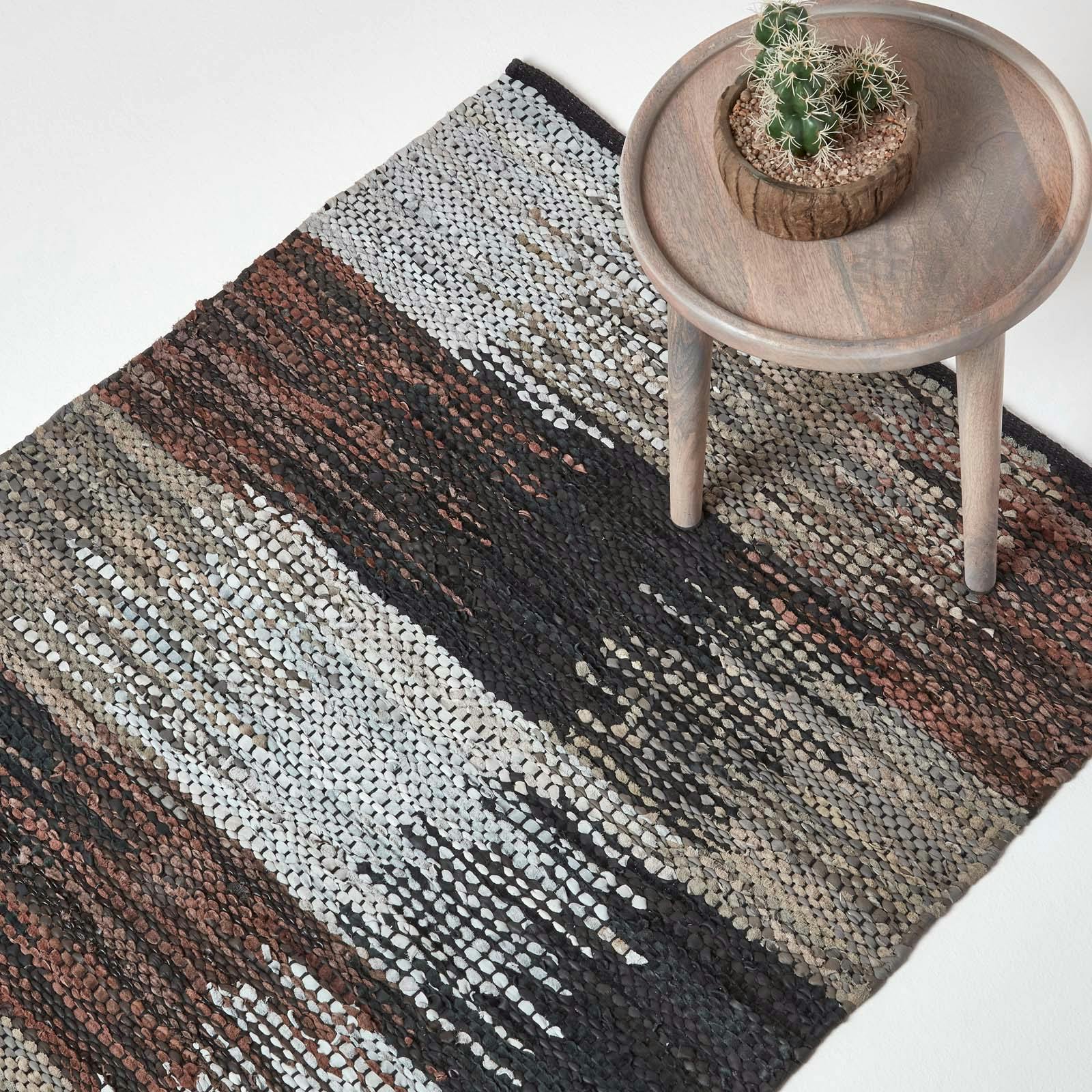 Homescapes Black/Grey/Brown & Real Leather Handwoven Cutshuttle Rug - 120 X 180 Cm
