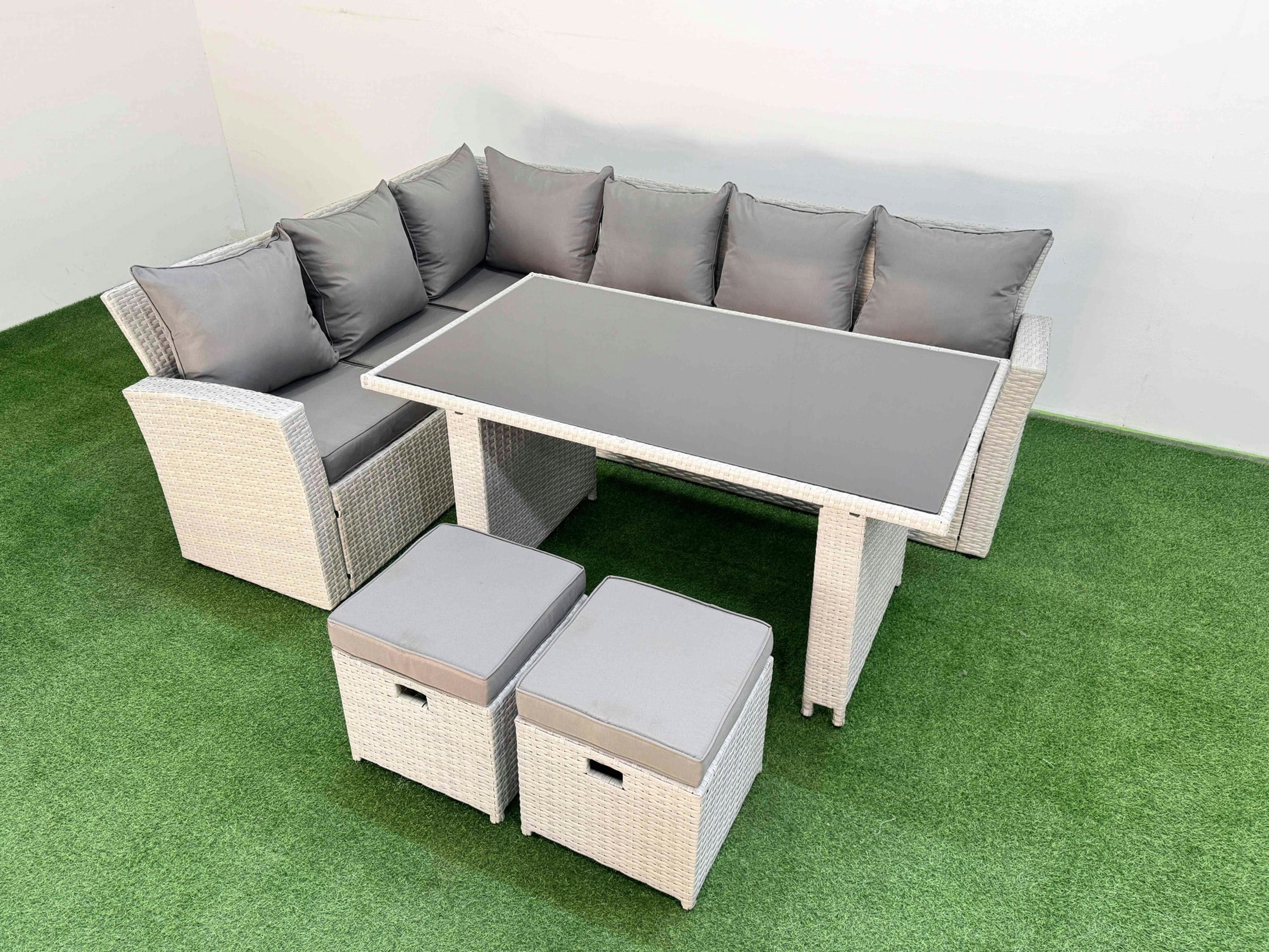 Rackhams Light/Grey 8 Seater Wicker Rattan Corner Sofa Sets Outdoor Garden Furniture Sets With Rectangular Dining Table Lounge Sofa 2 Small Footstools