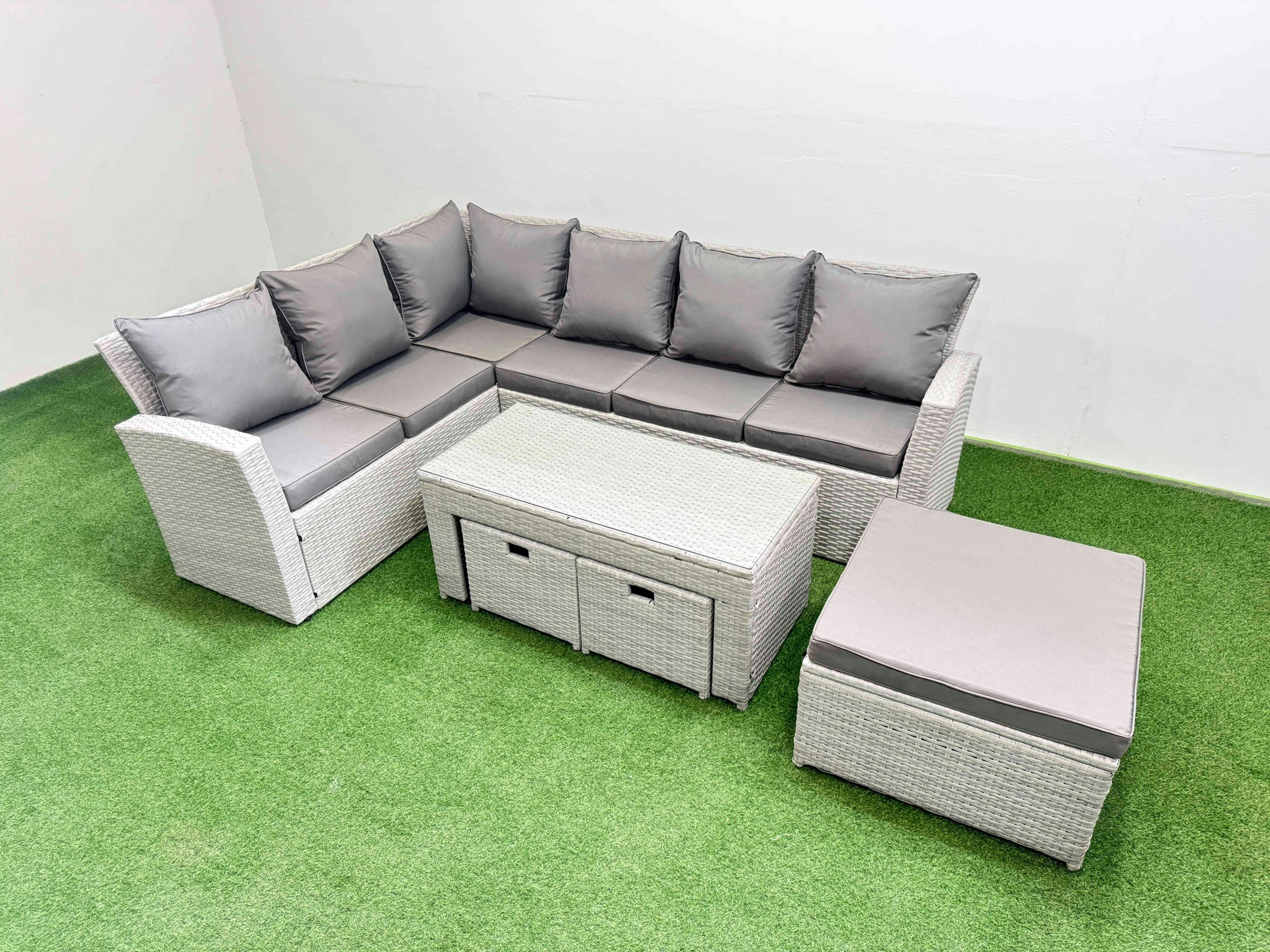 Fimous Light/Grey Rattan Garden Furniture Set Outdoor 9 Seater Corner Sofa Sets With Oblong Coffee Table 3 Footstools Mixed