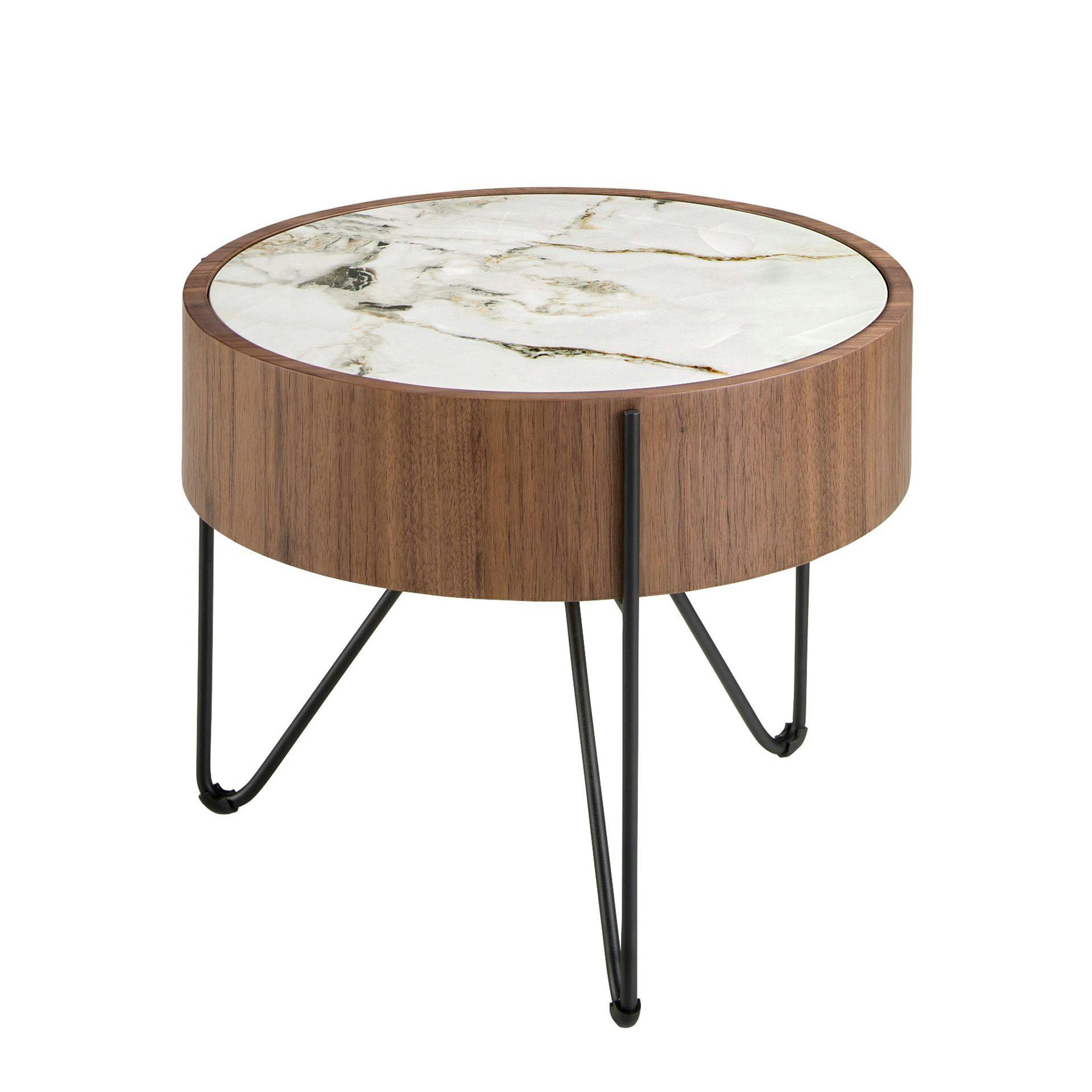 Angel Cerdá Black Round Corner Table In Porcelain Marble, Walnut And Steel 2139