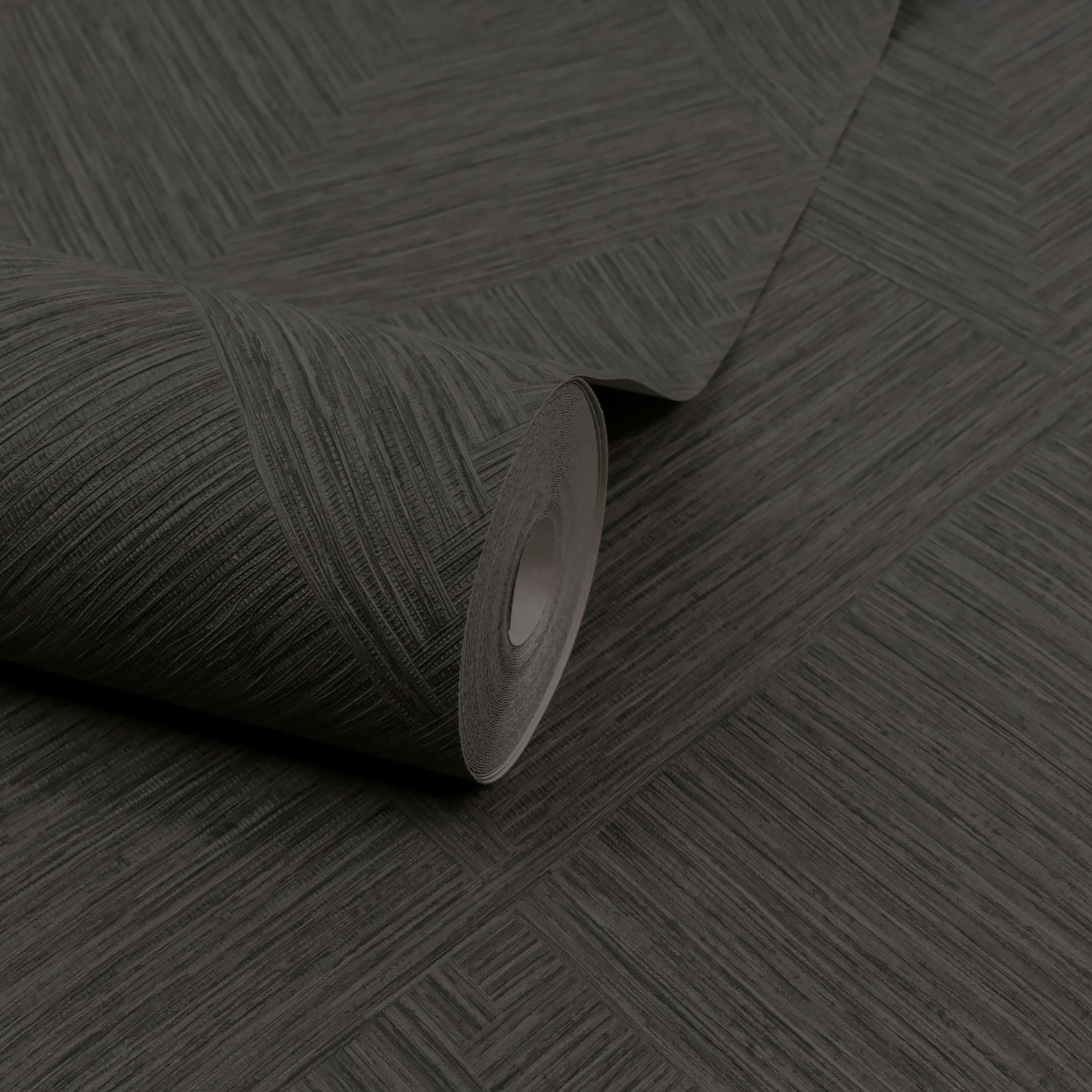 Grandeco Black Boutique Loni Geometric Natural Weave Luxury Weight Embossed Wallpaper, Ash