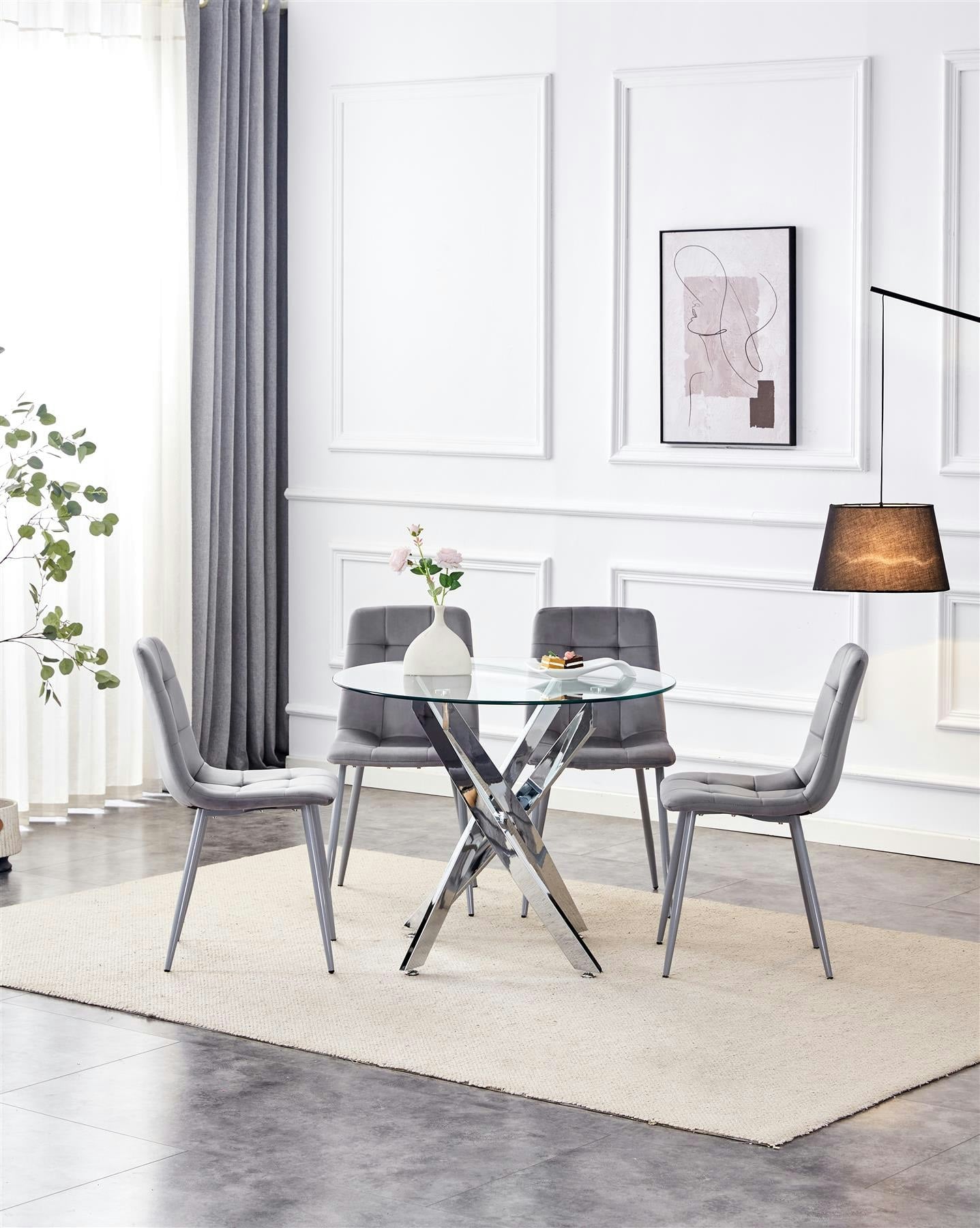 Kosy Koala Round Glass Dining Table - 4 Grey Velvet Chairs - Chrome Legs - H75 x W90 x D90 cm - Image 6