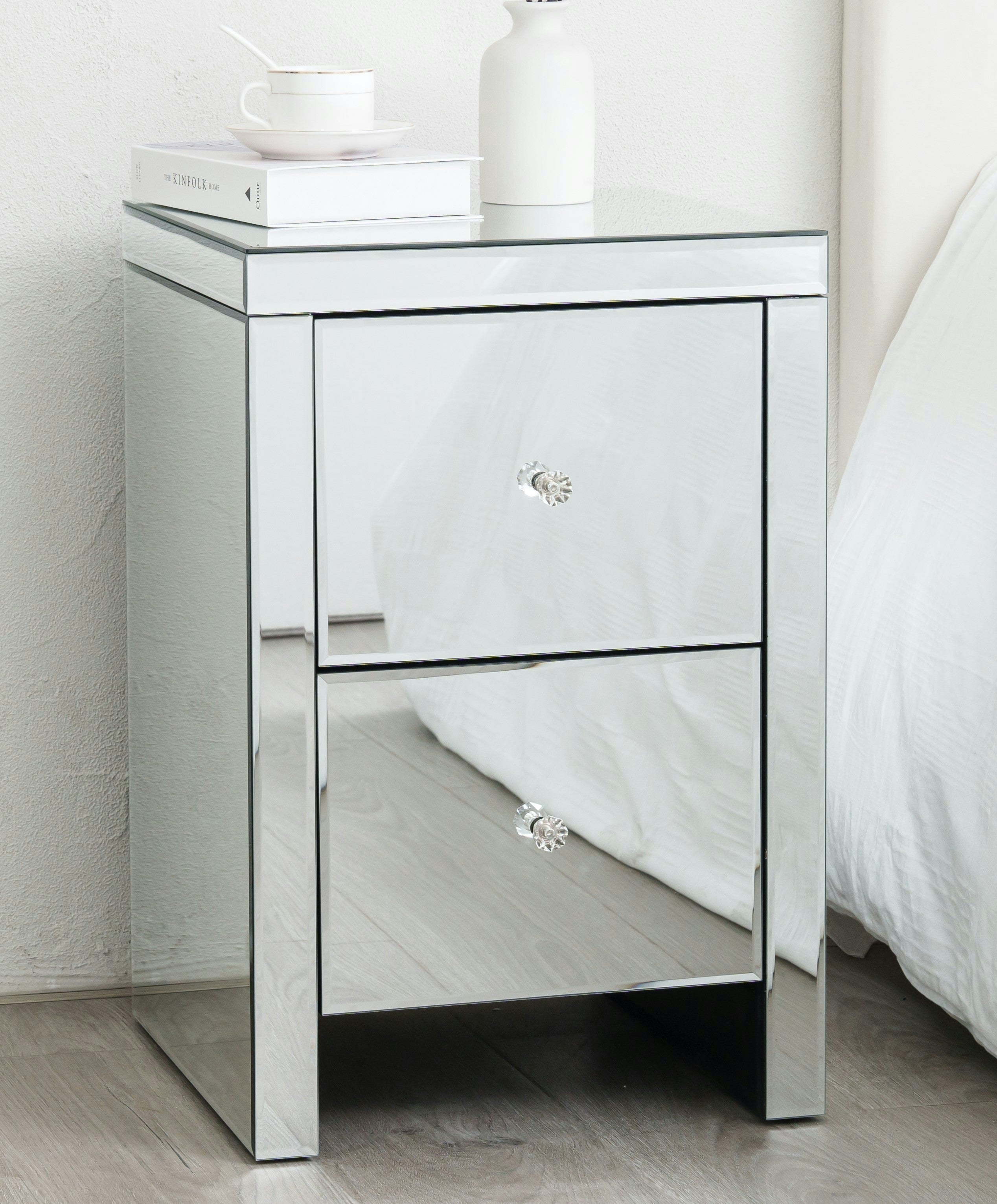 Rackhams Light Large Mirrored Bedside Table With 2 Drawers Crystal Handles Bedroom Furniture