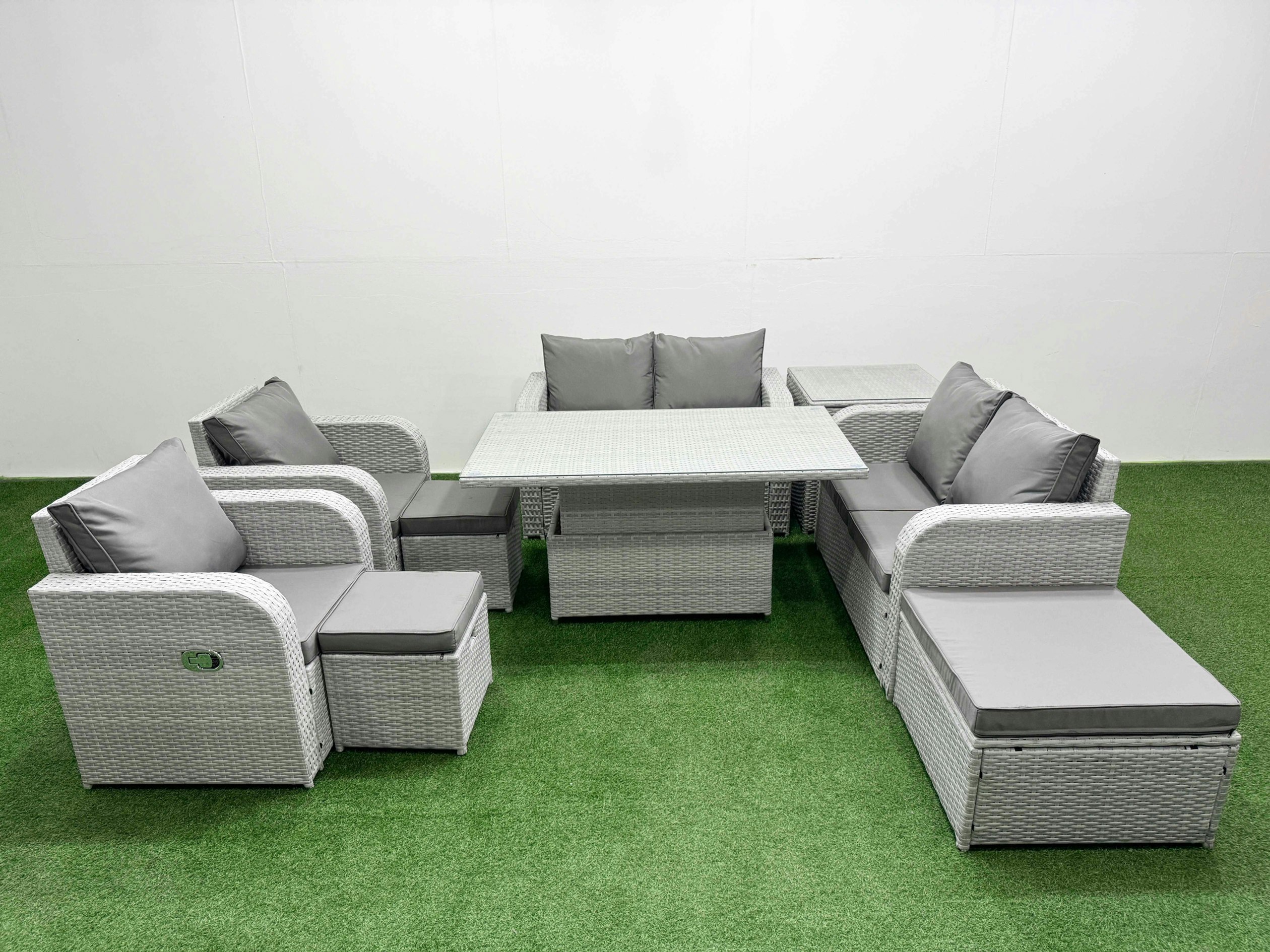 Fimous Light/Grey 9-Seater Outdoor Rattan Reclining Sofa Set | Adjustable Dining/Coffee Table, 3 Stools, Side Table |