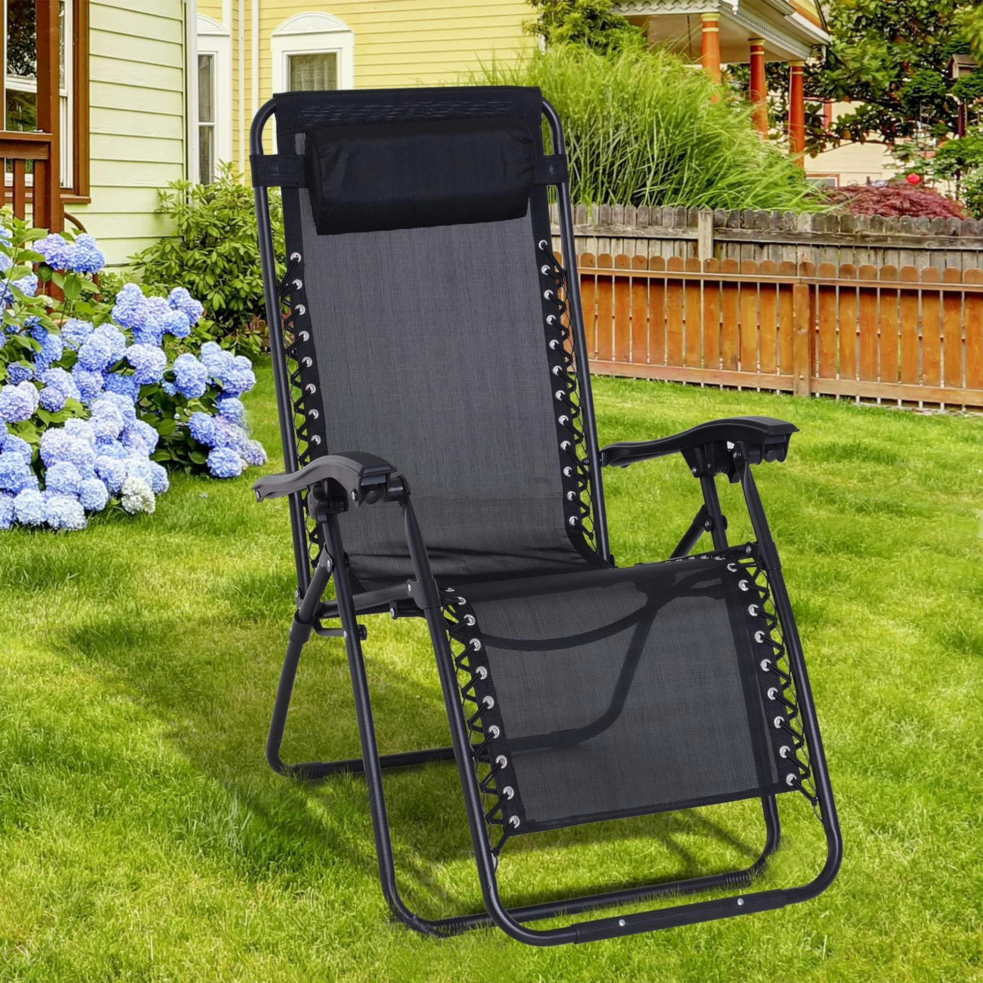 Rackhams Black Metal Frame Zero Gravity Lounger W/ Head Pillow For Patio Decking - Steel Frame, Texteline - 90Cm X 65Cm X 110Cm
