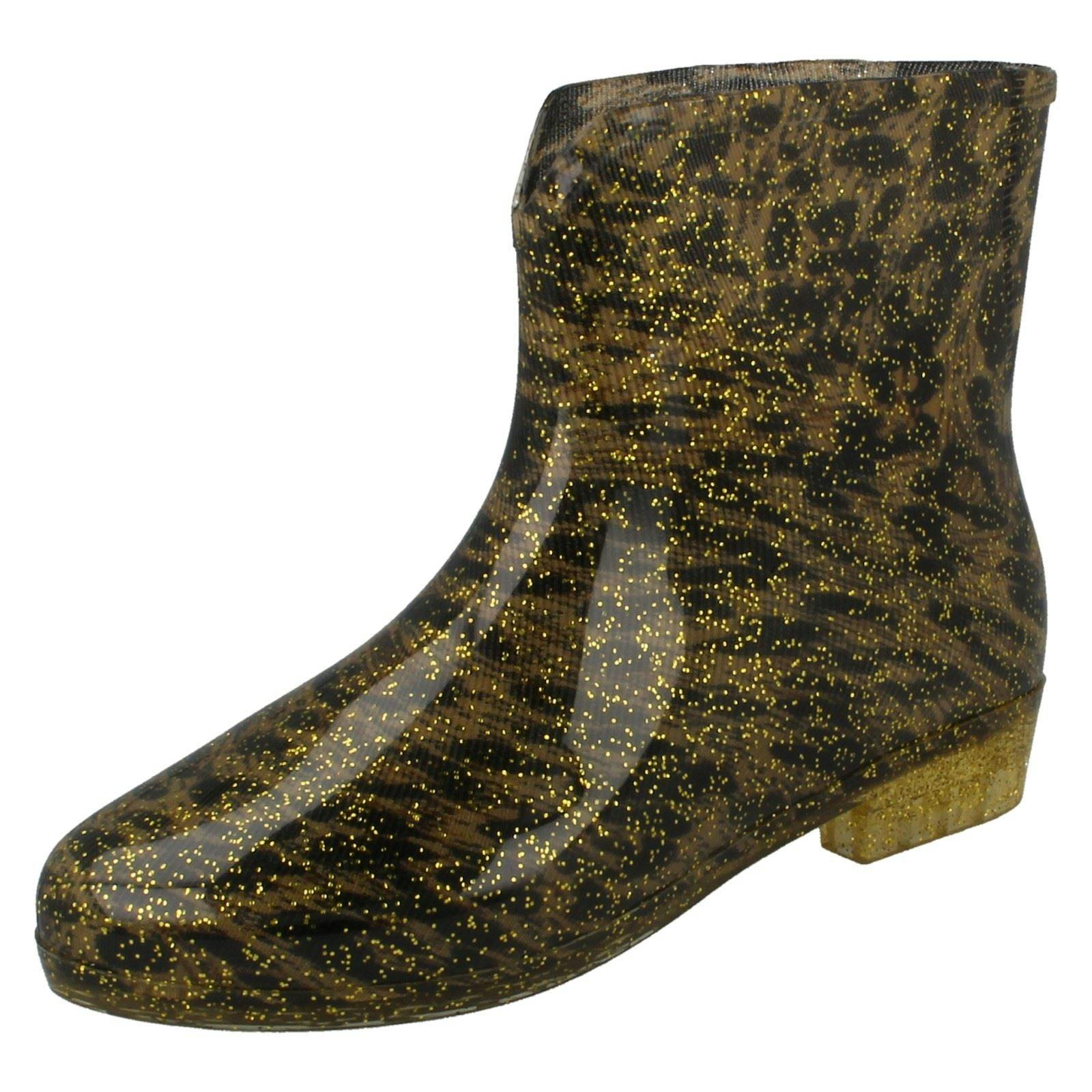 Spot On Women's Gold Leopard Print Ankle Wellington Boots - Uk 6
