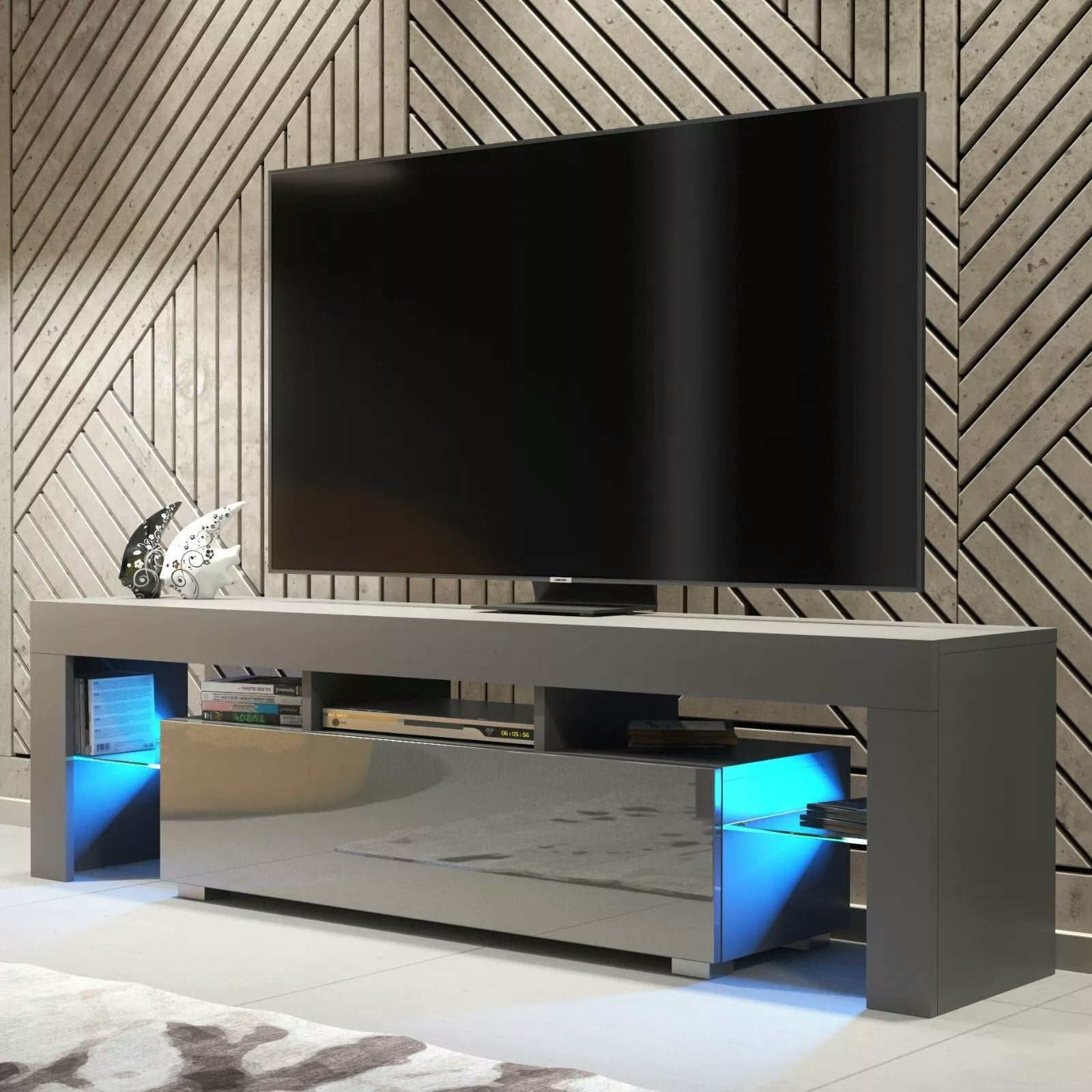 Mex Furniture Grey/Dark 160Cm Tv Unit – Modern Tv Stand Cabinet With High Gloss Doors And Free Led - 160 Cm - Matt Body & Gloss Doors