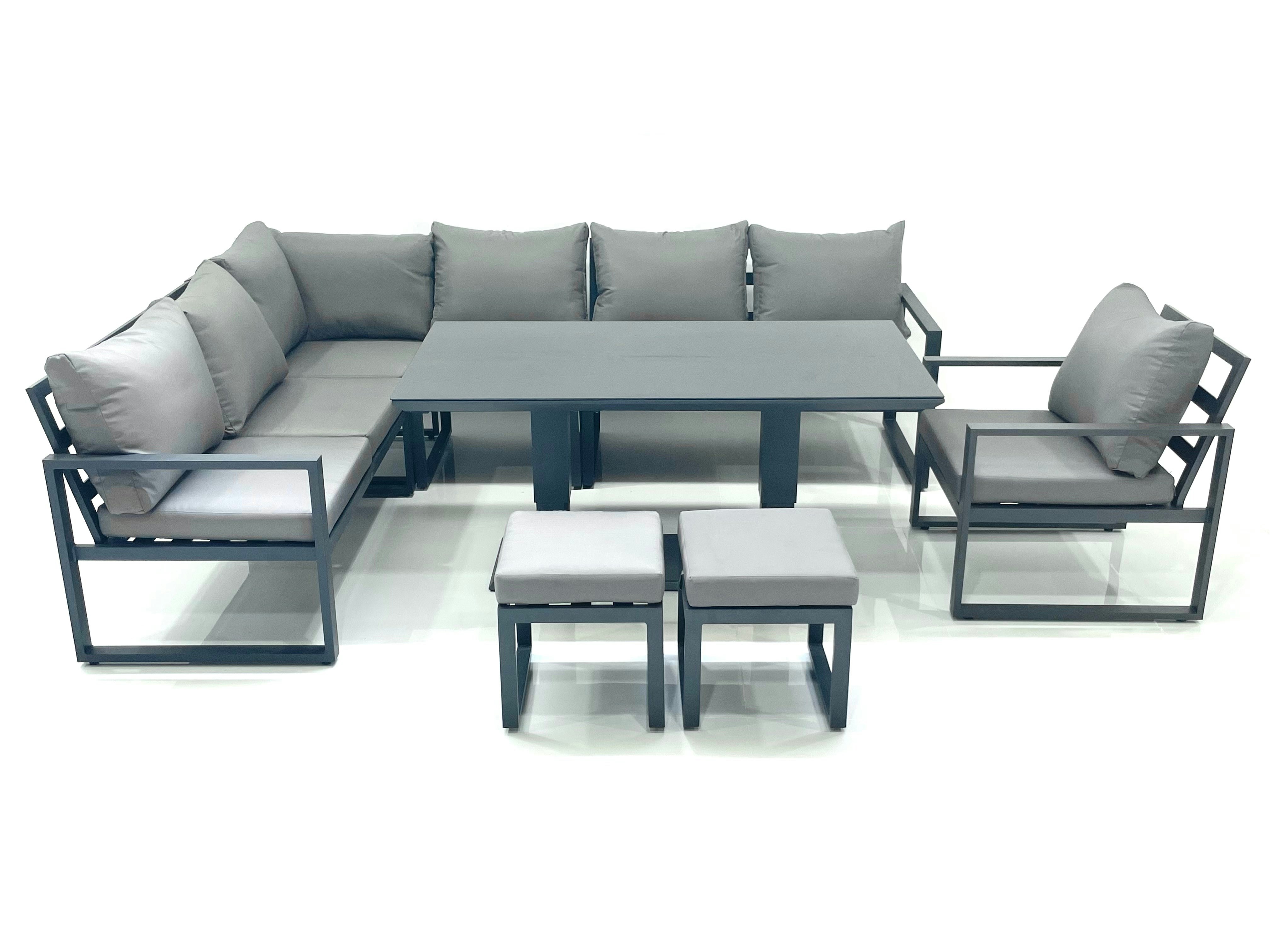 Fimous Dark/Grey Aluminium Outdoor Garden Furniture Set Corner Sofa Chair 2 Small Footstool Adjustable Rising Lifting Dining Table Sets