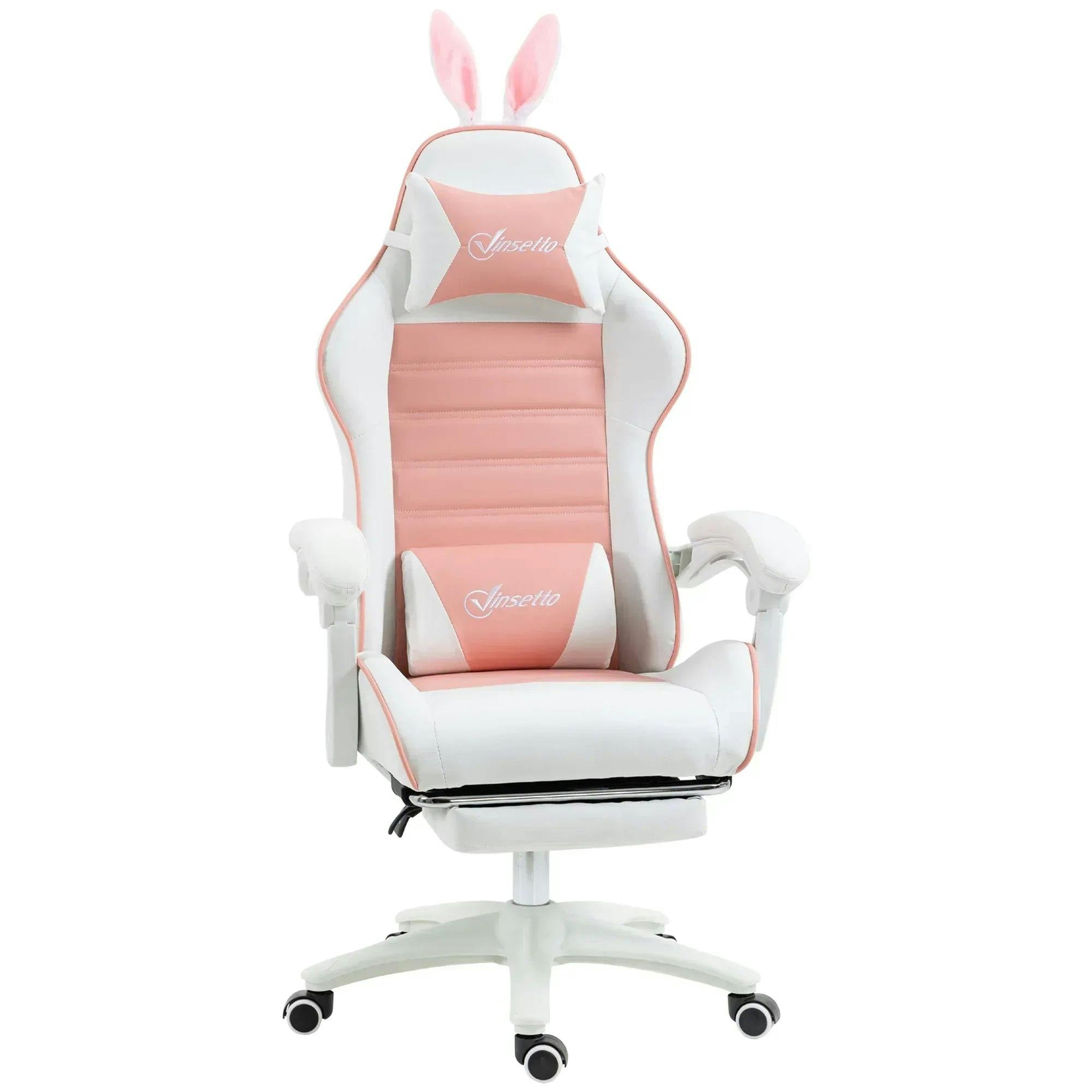 Pink Gaming Chair with Footrest Reclining Swivel Bunny Ears Ergonomic PU Leather - Image 7