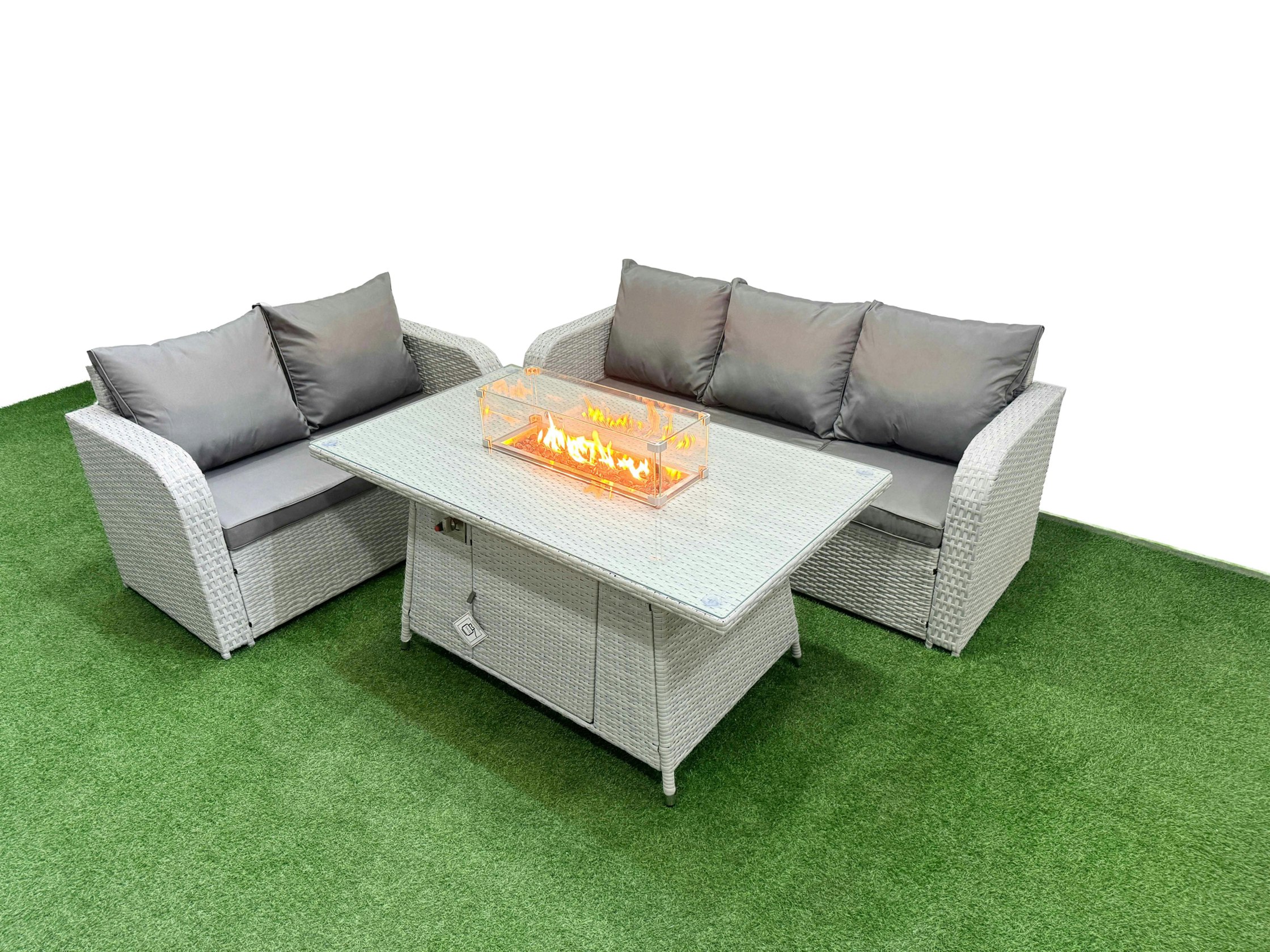 Fimous Light/Grey/Dark 5 Seater Pe Rattan Wicker Garden Furniture Patio Conservatory Sofa Set With Fire Pit Dining Table 3 Seater Sofa Love Sofa