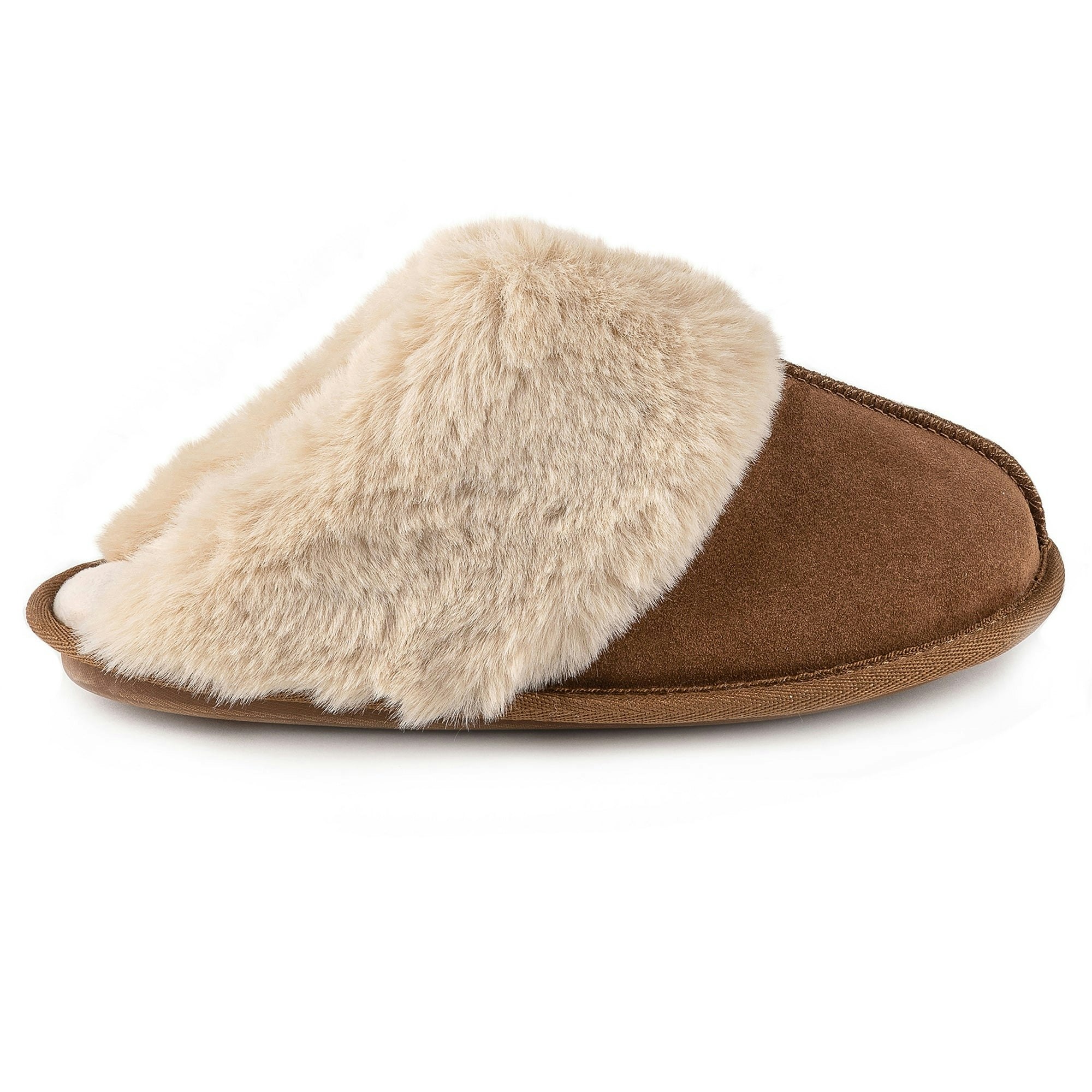 Totes Women's Isotoner Real Suede With Fur Cuff Mule Slippers Tan - Uk Size 5