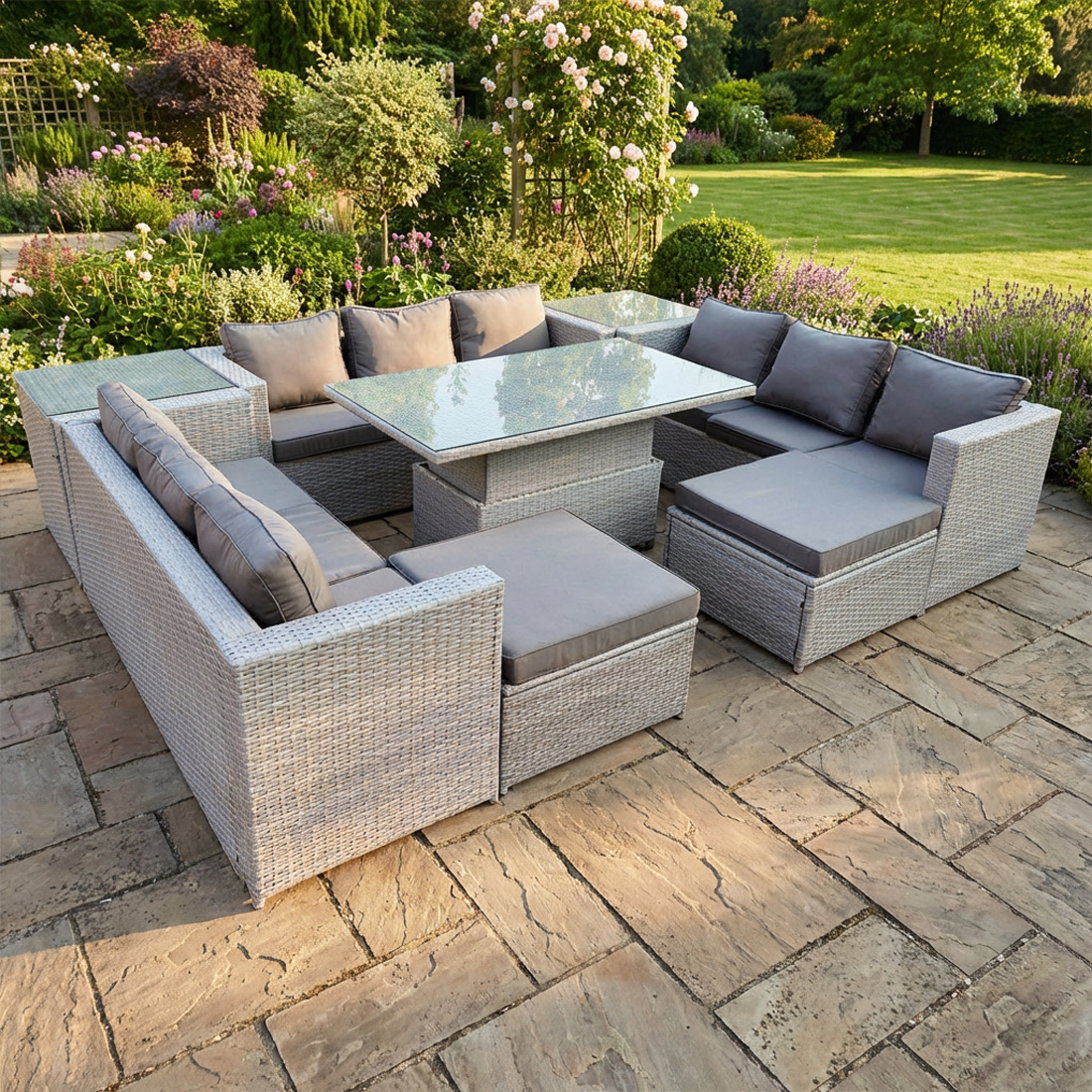 Fimous Light/Grey 11 Seater Rattan Outdoor Garden Furniture Set With Height Adjustable Table, 3 Sofas, 2 Side Tables, 2 Footstools