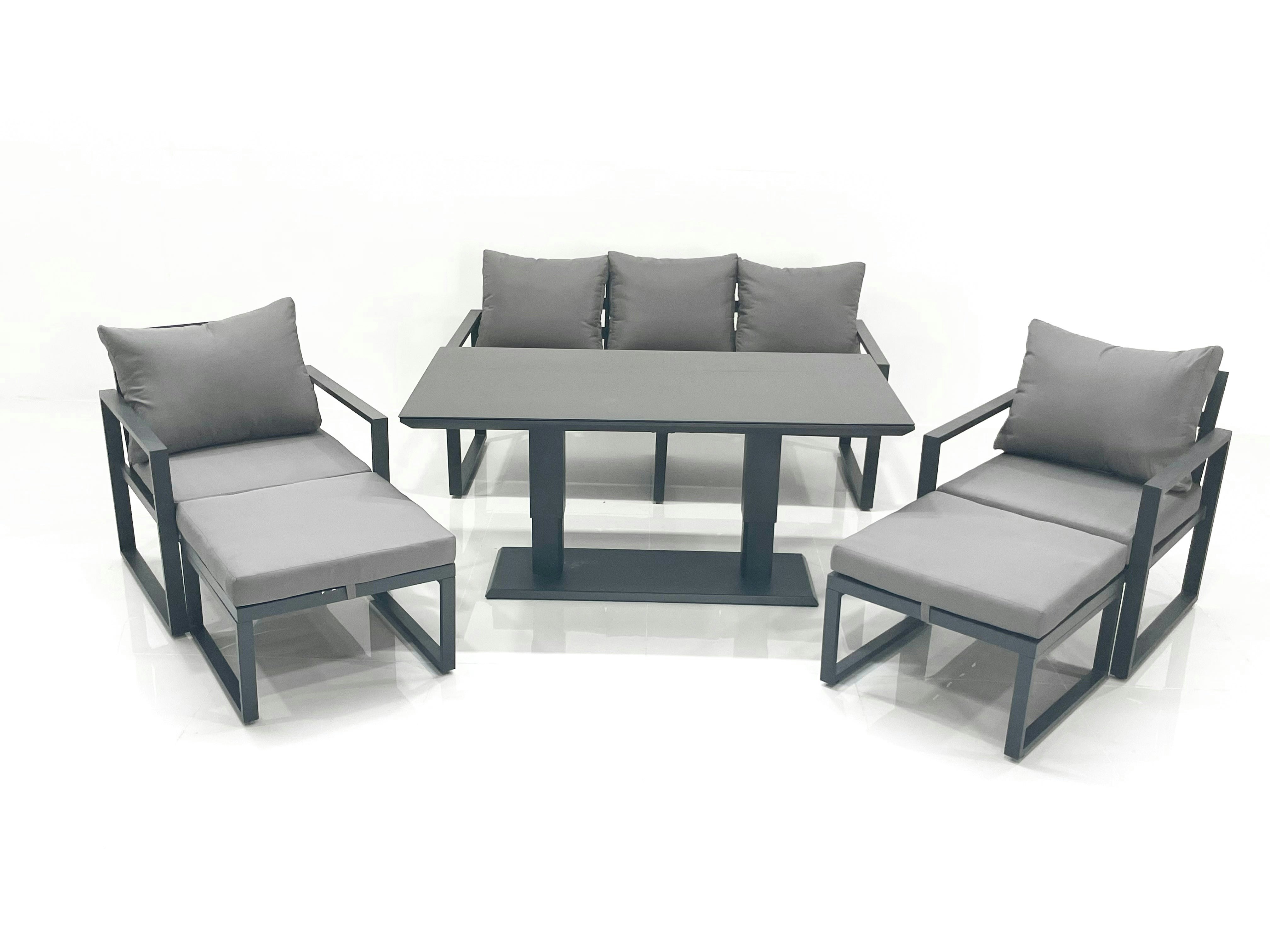 Rackhams Dark/Grey Outdoor Aluminium Garden Furniture Set With Adjustable Rising Lifting Dining Table 3 Seater Sofa 2 Chair 2 Big Footstools